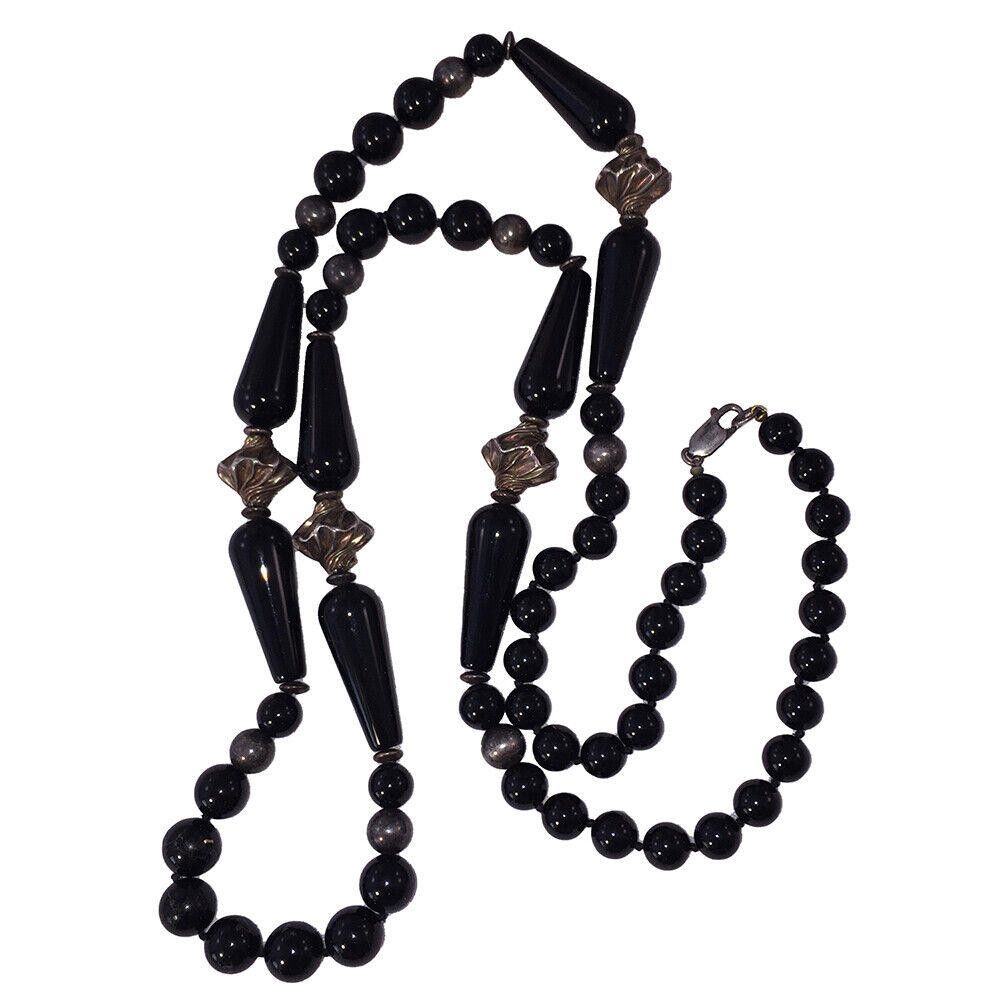 Handmade Carved Black Onyx & Sterling Opera Length Bead Necklace Size ONE SIZE - 5 Thumbnail