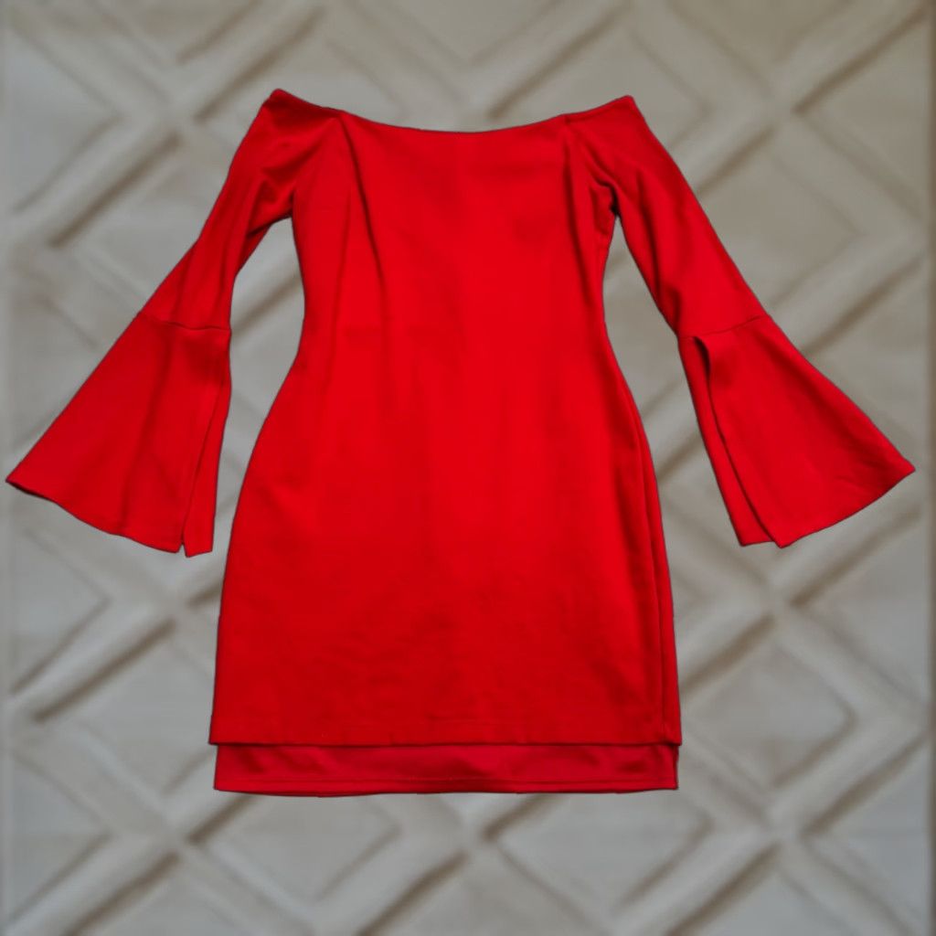 Lulus Lulus Off Shoulder Bell Long Sleeve Bodycon Mini Dress Womens Small Red Stretch Size S / US 4 / IT 40 - 1 Thumbnail