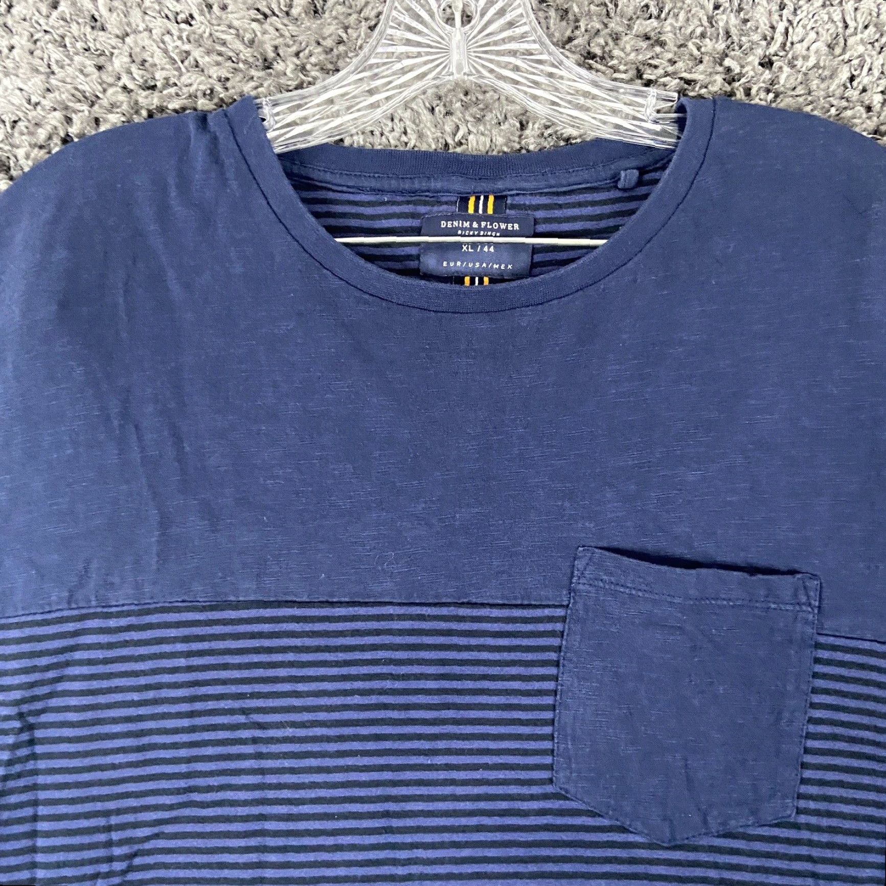 Denime DENIM & FLOWER Shirt T Shirt Striped Front Pocket Men XL Blue Flower Pattern Mens XL Size US 36 / EU 52 - 5 Thumbnail