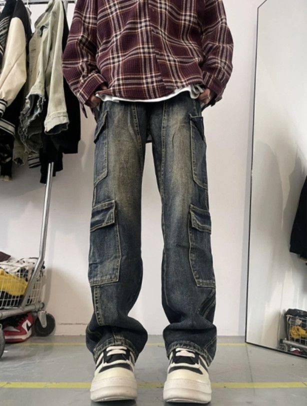 Patchwork Blue Cargo Jeans Multi-pockets