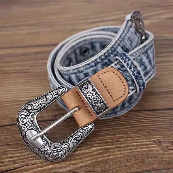 Japanese Brand 47 Inch Vintage Pin Buckle Textured Design Denim Belt Size ONE SIZE - 1 Thumbnail