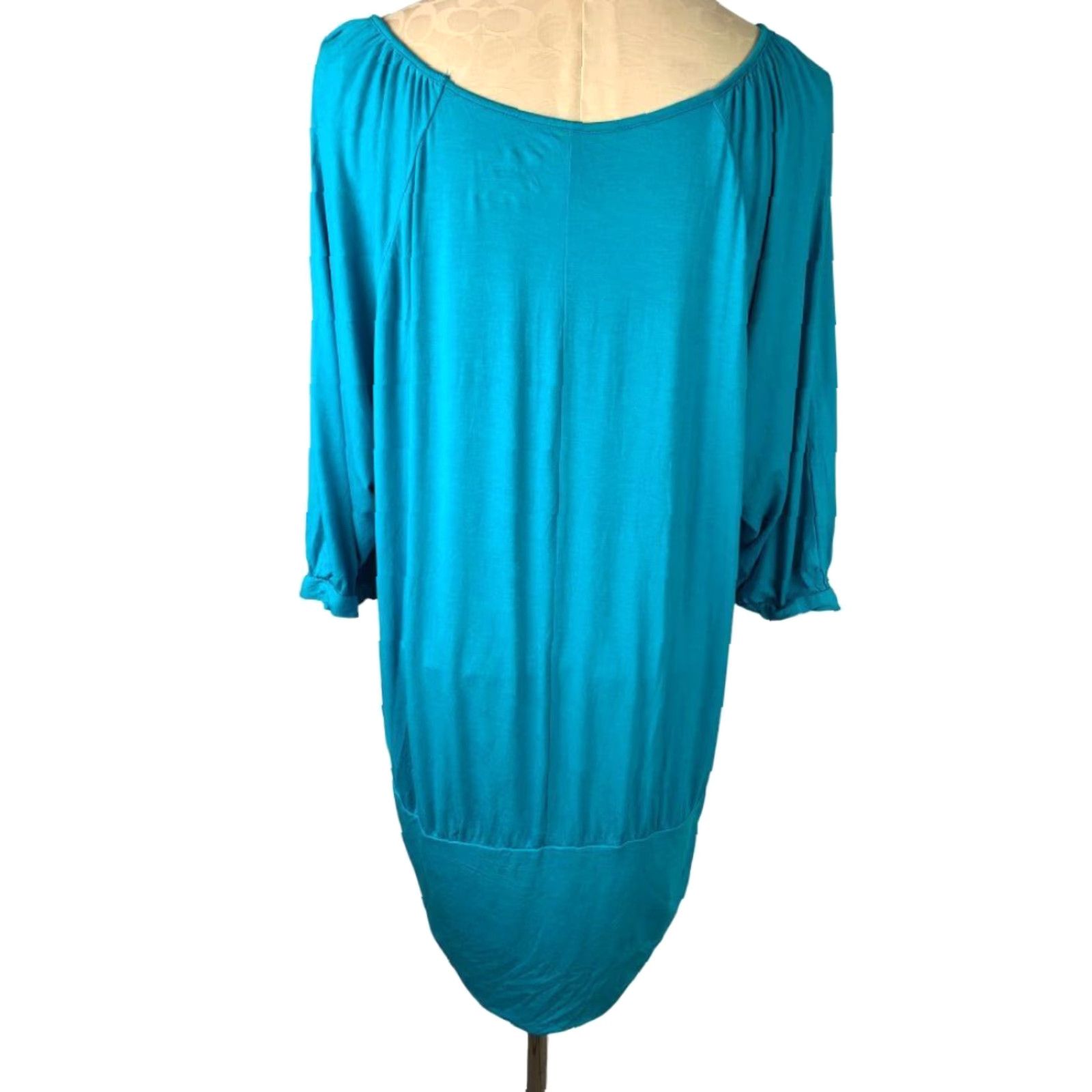 Vintage Lane Bryant Blouson Jersey Knit Top 18/20 3/4 Sleeve Beaded Neckline Teal Blue Women PLUS Womens Size XXL / US 16-18 / IT 52-54 - 4 Thumbnail
