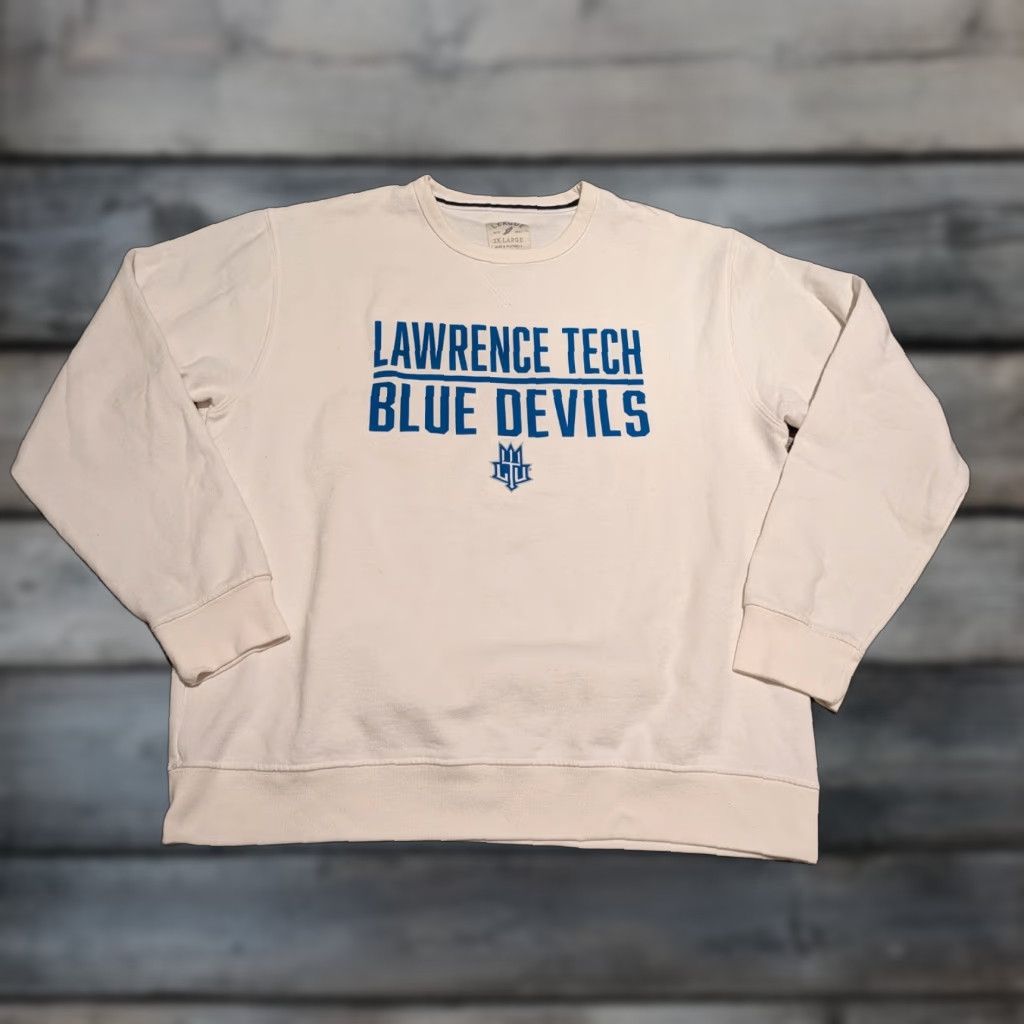 Vintage Lawrence Tech University Blue Devils Adult Crewneck Sweatshirt White 2XL Crewneck Pullover Fleece League Size XXL / US 16-18 / IT 52-54 - 1 Thumbnail