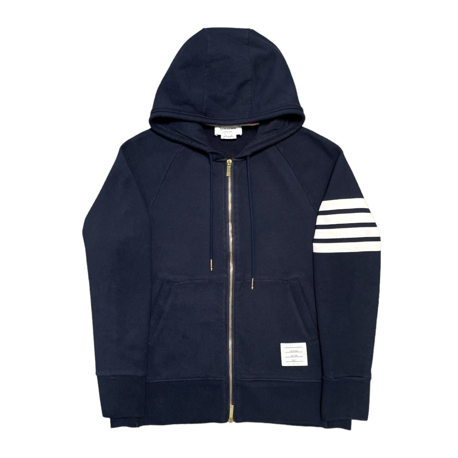 image of Thom Browne 4-Bar Zip Up Hooded Sweatshirt Navy Blue, Men's (Size Small)