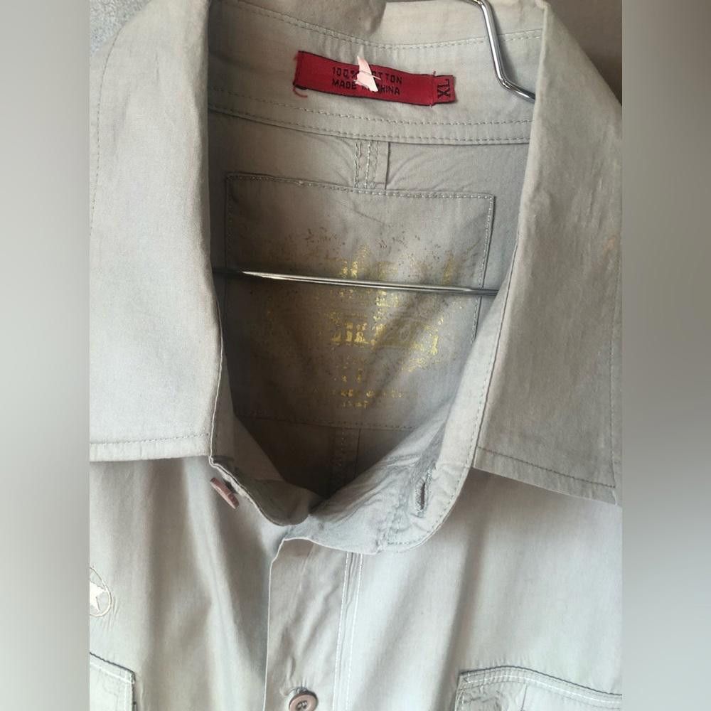 NBDN Nobrandedon Top shirt button down grey with naval designs Size 44R - 10 Thumbnail