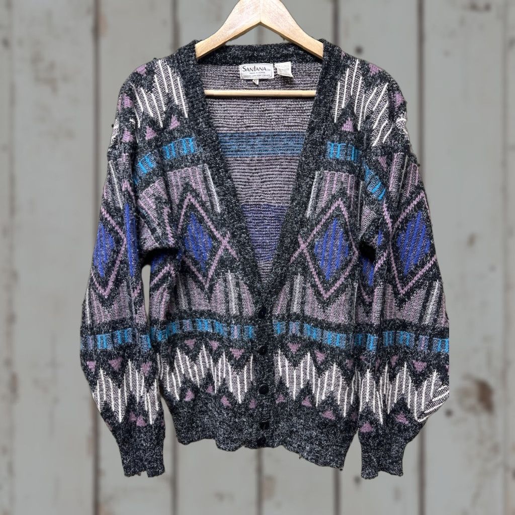 Vintage VINTAGE Santana Cardigan Geometric Pattern Long Sleeve Button V-Neck Mens M Blue 80s Size US M / EU 48-50 / 2 - 1 Thumbnail