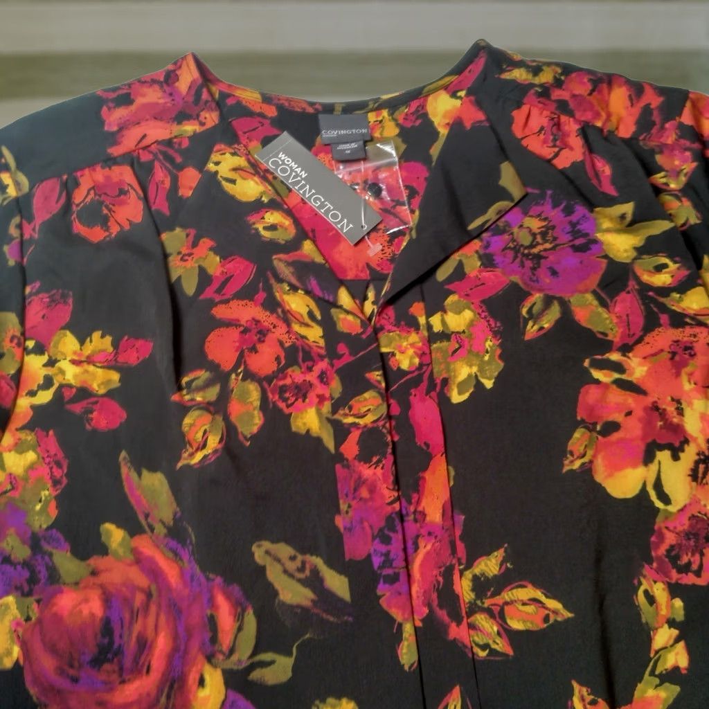 Vintage VINTAGE Covington Blouse Shirt 1X Black Pink Salmon Floral 3/4 Roll Tab Sleeve Ladies Body Size XL / US 12-14 / IT 48-50 - 1 Thumbnail