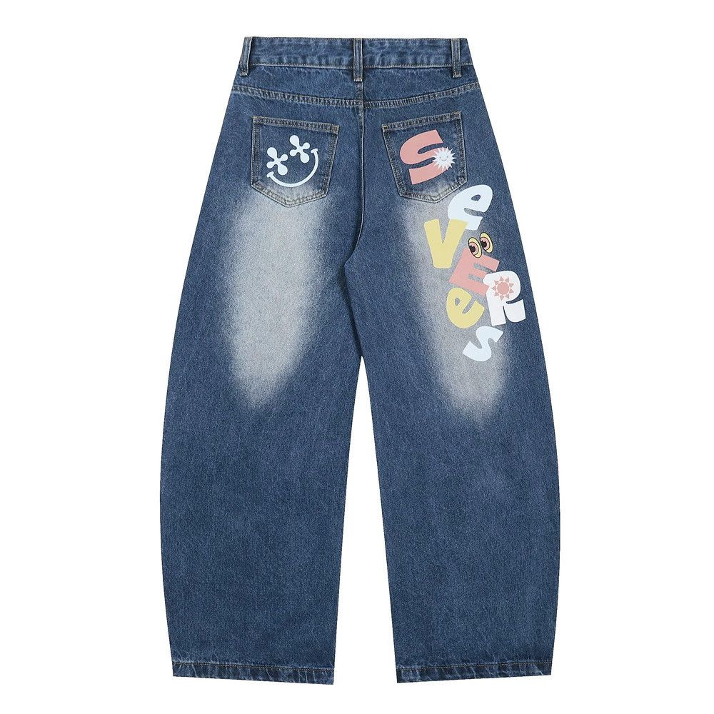 Jean Men's loose washed cartoon letter printed scimitar jeans y2k Size US 32 / EU 48 - 1 Thumbnail