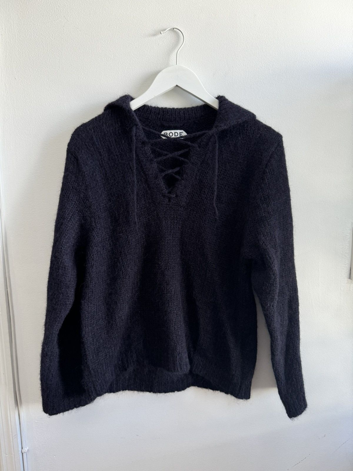 image of Bode Mohair Alpine Lace Up Sweater in Navy, Men's (Size XS)