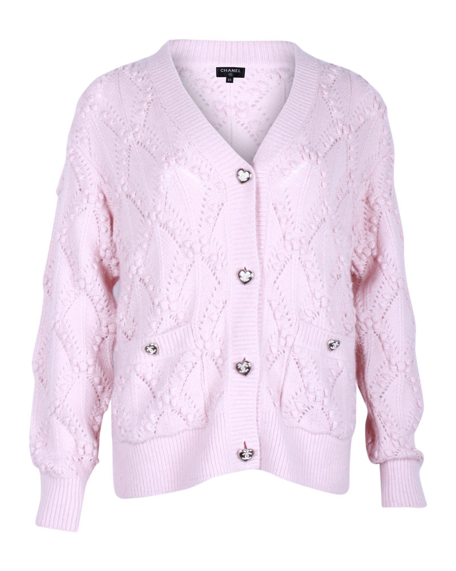 Image of Luxurious Pink Silk Knitted Cardigan By Chanel in Pastel Pink, Women's (Size XS)