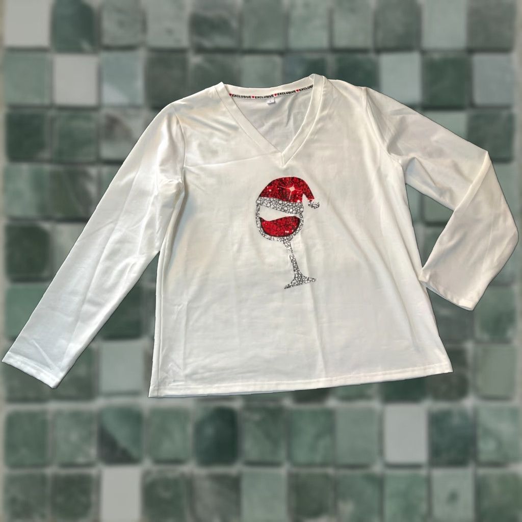Vintage Exclusive Women's Large Top Christmas Red White Wine Glass V Long Sleeve Blouse Size L / US 10 / IT 46 - 1 Thumbnail