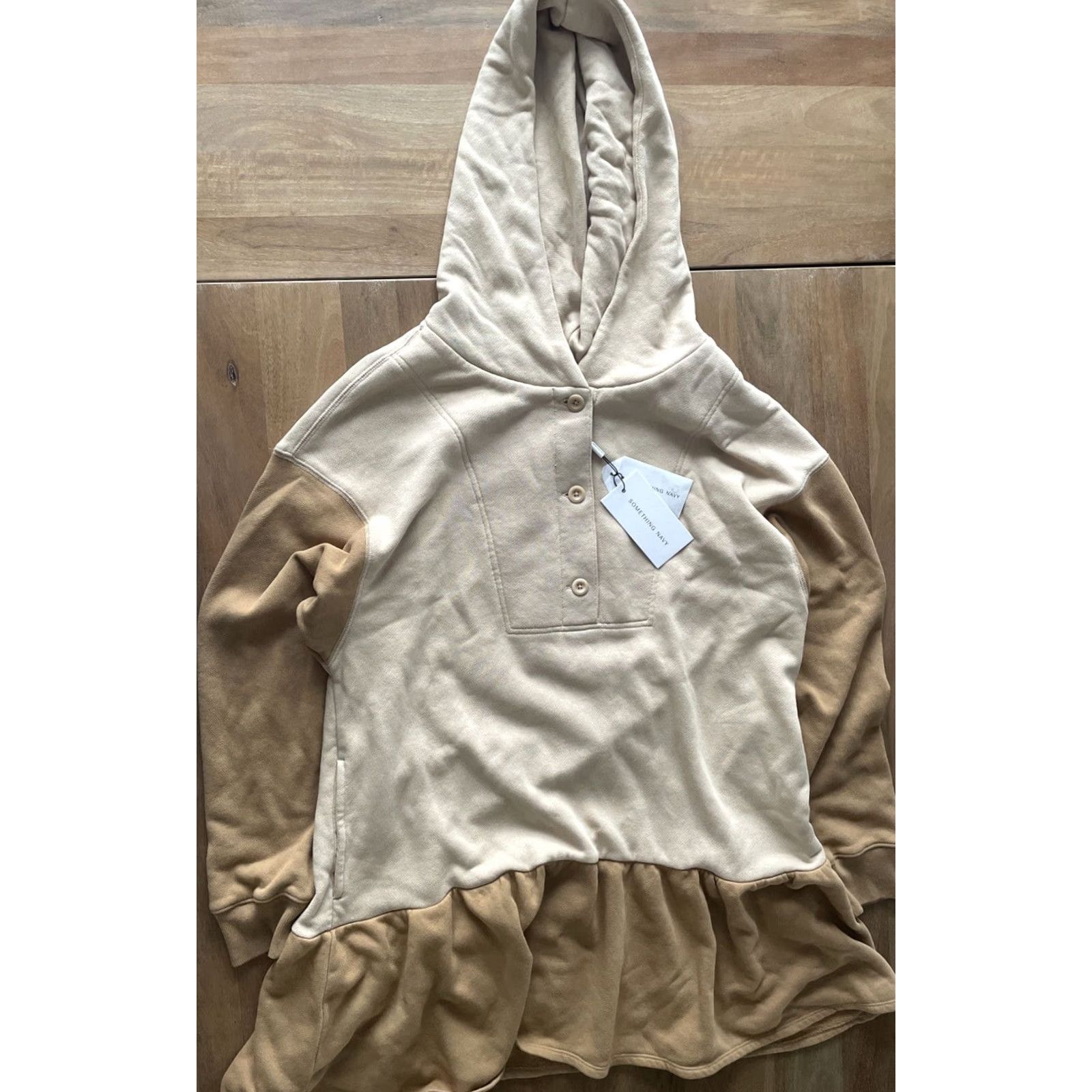 Vintage SOMETHING NAVY Hoodie Dress Womens L Beige Dress Hooded Pockets Long Sleeve Knit Shirt? Size L / US 10 / IT 46 - 2 Thumbnail