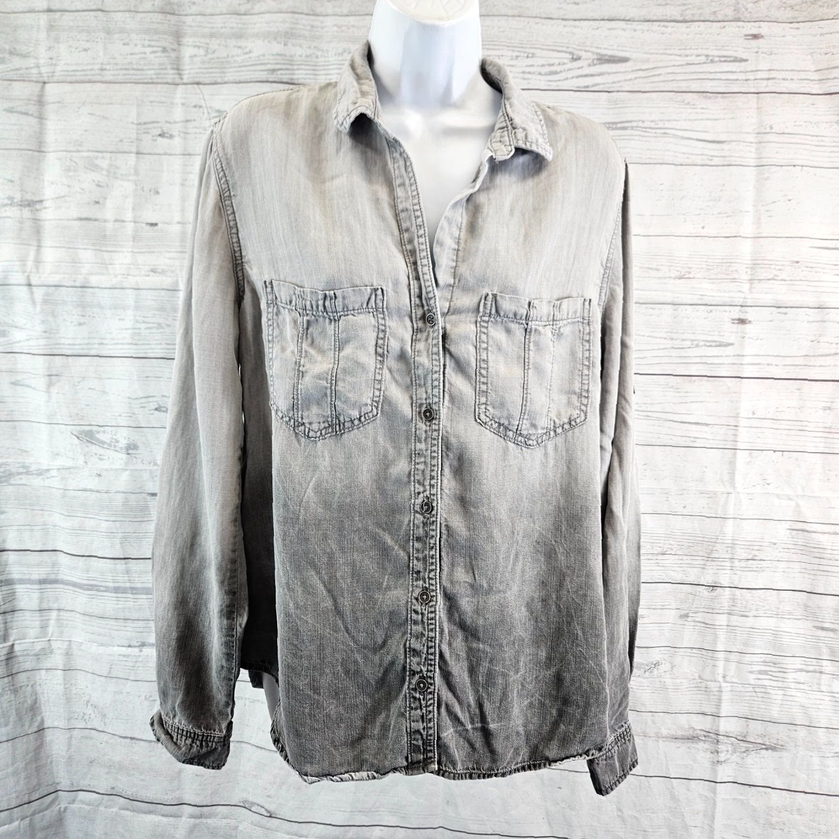Bella Dahl Bella Dahl Womens Button Front Shirt L Gray Ombre Long Sleeve Tencel Lyocell Size L / US 10 / IT 46 - 2 Thumbnail