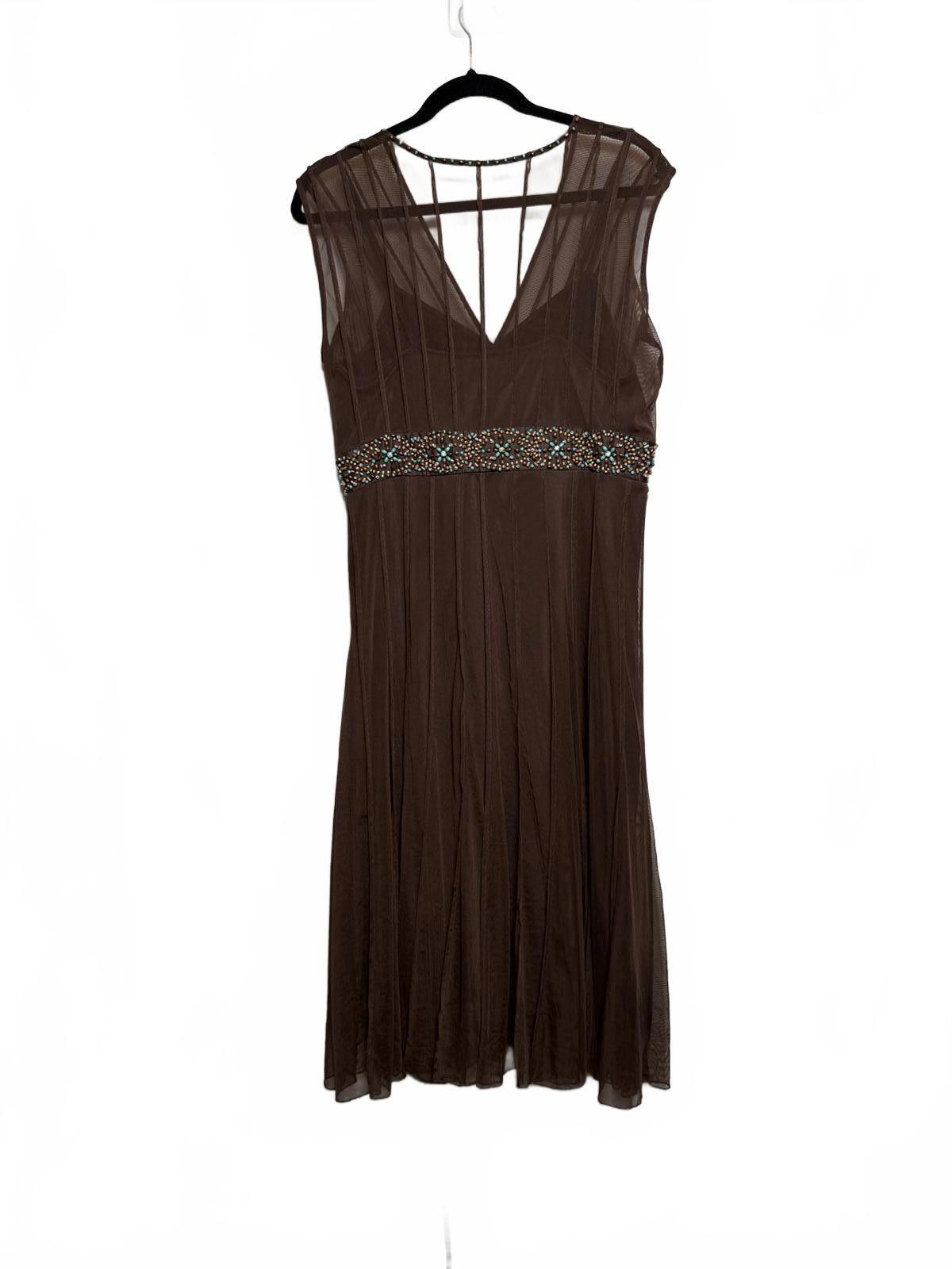 Y2K Vintage Brown Fairy Beaded Midi Dress with Sheer Overlay