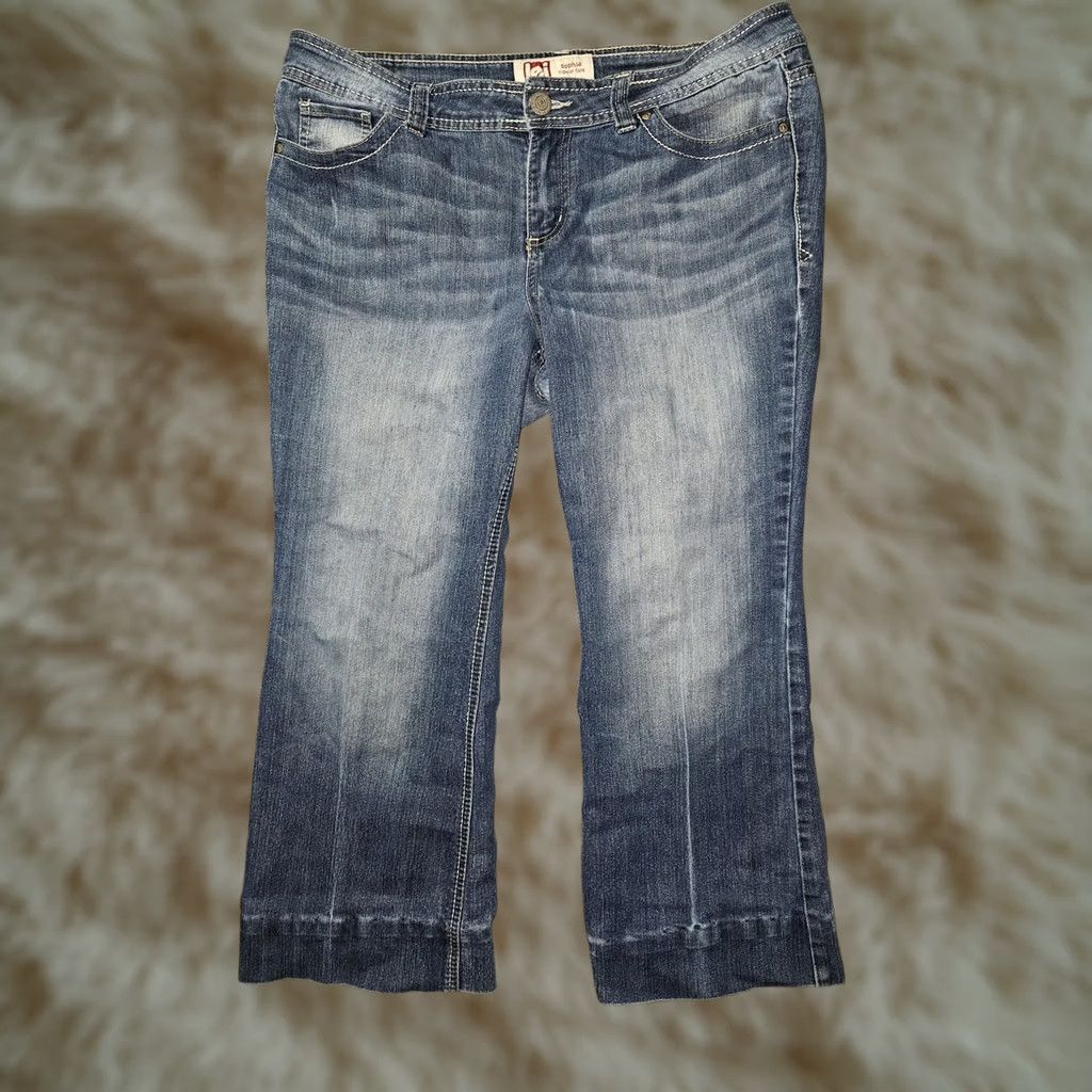 L.E.I. LEI Sophia Hipster Flare Jeans Womens 15 Short Blue Denim Flare Distressed Style Jeans Size 36" / US 14 / IT 50 - 1 Thumbnail