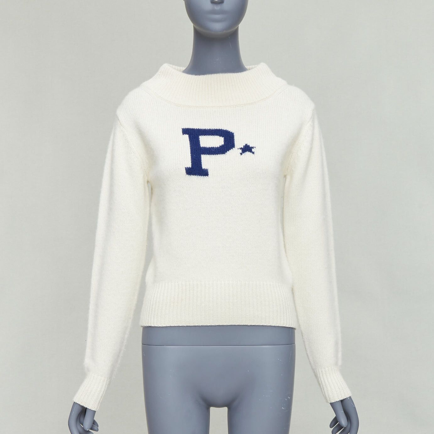 Polo Ralph Lauren POLO RALPH LAUREN cream blue lambs wool cashmere P star sweater XXS Size XS / US 0-2 / IT 36-38 - 1 Thumbnail