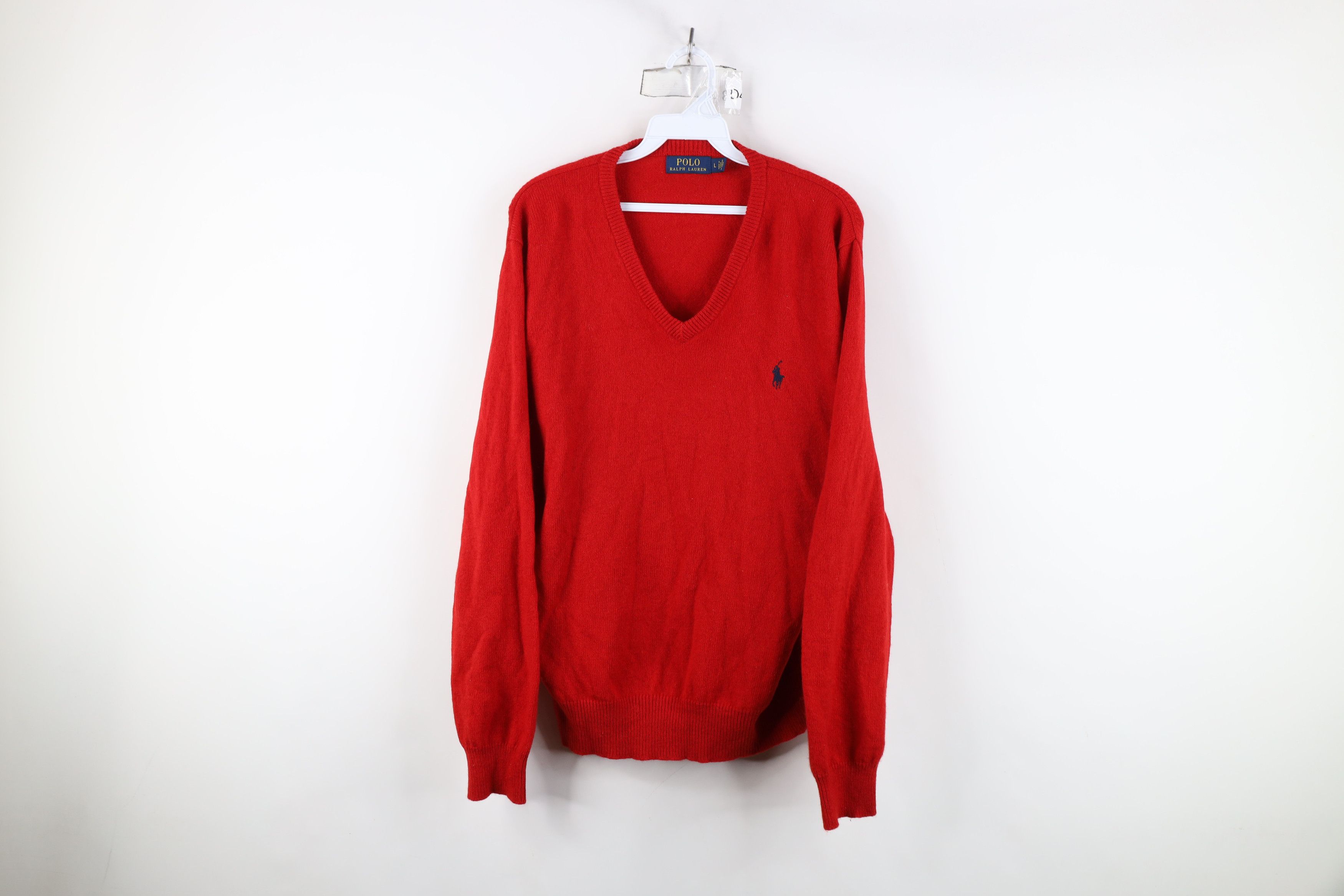 Ralph Lauren × Vintage Vintage Ralph Lauren Pony Logo Wool Knit V-Neck Sweater Red Size US L / EU 52-54 / 3 - 1 Thumbnail
