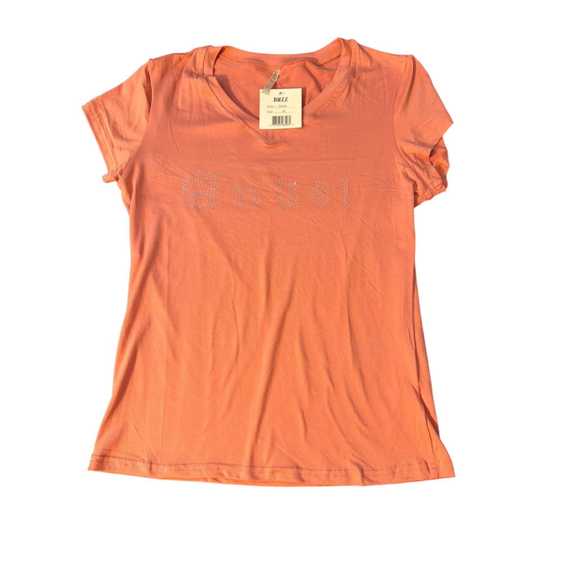 Other Peach V-Neck T Shirt Rhinestone Angel On Front Buzz Short Sl Size XL / US 12-14 / IT 48-50 - 1 Thumbnail