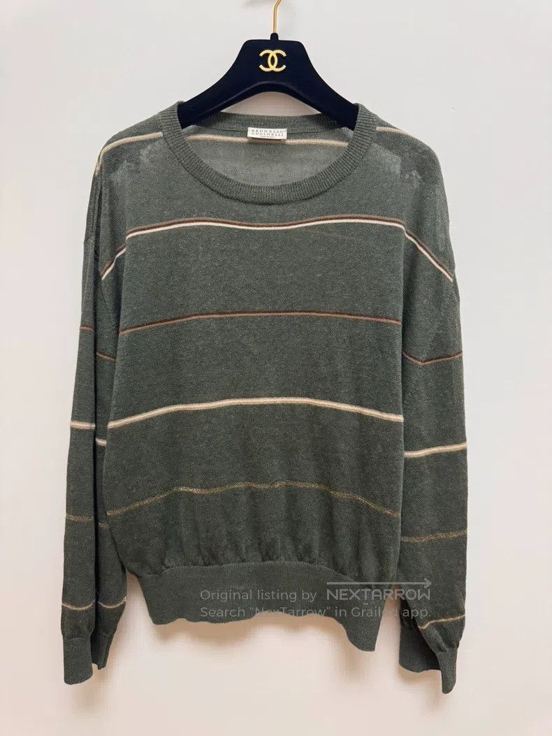 Brunello Cucinelli Brunello Cucinelli Moss Green Striped Knit Top Size L / US 10 / IT 46 - 2 Thumbnail