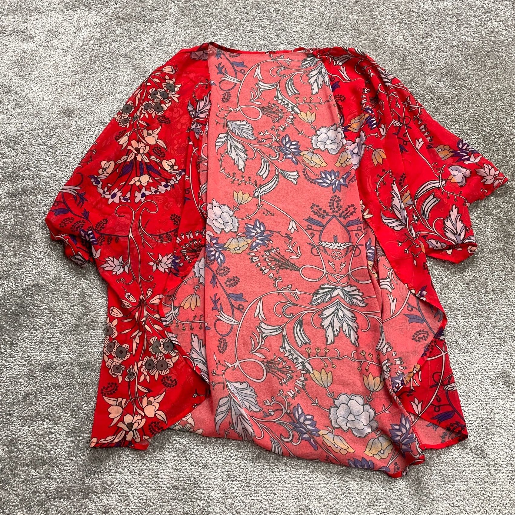 Vintage Unbranded Kimono Blouse Womens XL 3/4 Sleeve Floral Open Front Round Neck Knit Polyester Red Clothing Top Size XL / US 12-14 / IT 48-50 - 2 Thumbnail
