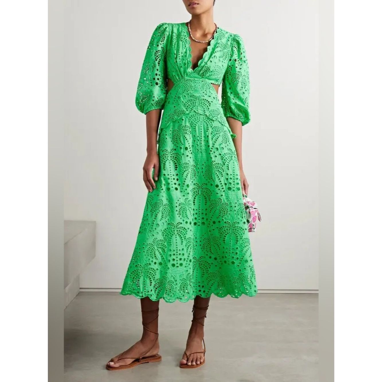 Farm Rio FARM Rio Green Richelieu Cutwork Midi Dress Bright Green Ey