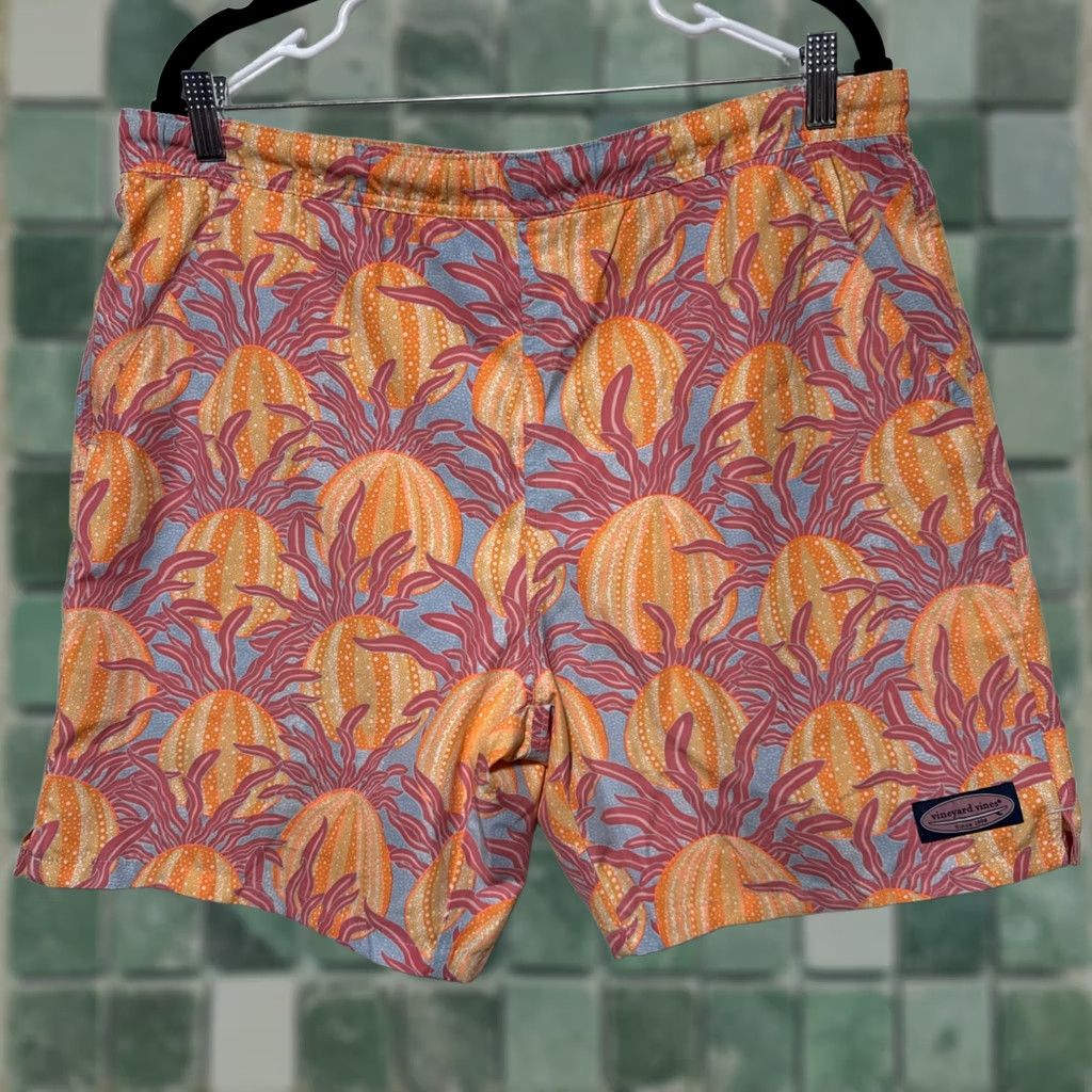 Vineyard Vines Vineyard Vines Swim Trunks Men S Orange Floral 6.5” Inseam Silk Polyester Mesh Lining Pockets Size US 29 - 1 Thumbnail