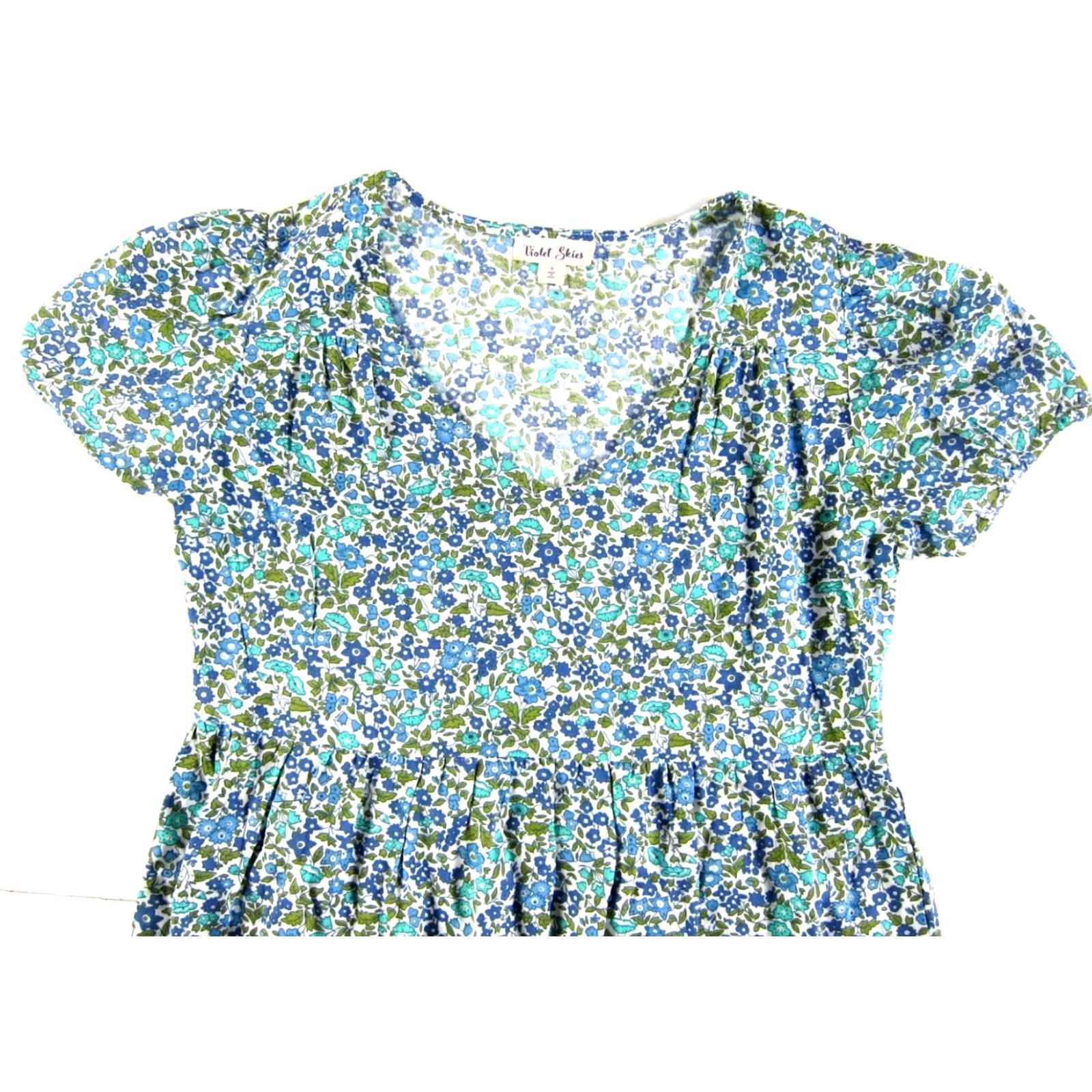 Vintage Violet Skies Dress Violet Skies 100% Rayon Floral V-Neck Short Sleeve Tiered Dress S Green Women Midi Kaftan Sundress (Small) Size 28" / US 6 / IT 42 - 5 Thumbnail