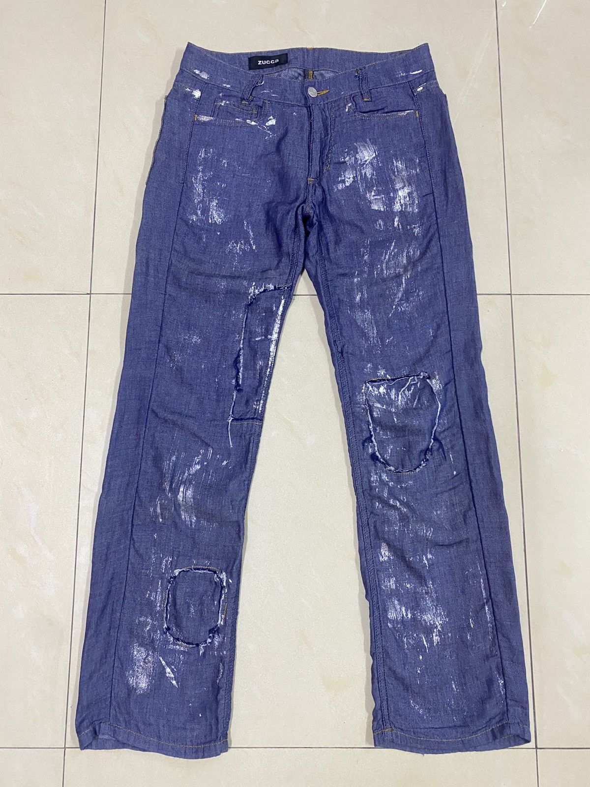 image of Cabane De Zucca x Issey Miyake Zucca Sashiko Silver Paint Splash Light Pants in Blue (Size 29)