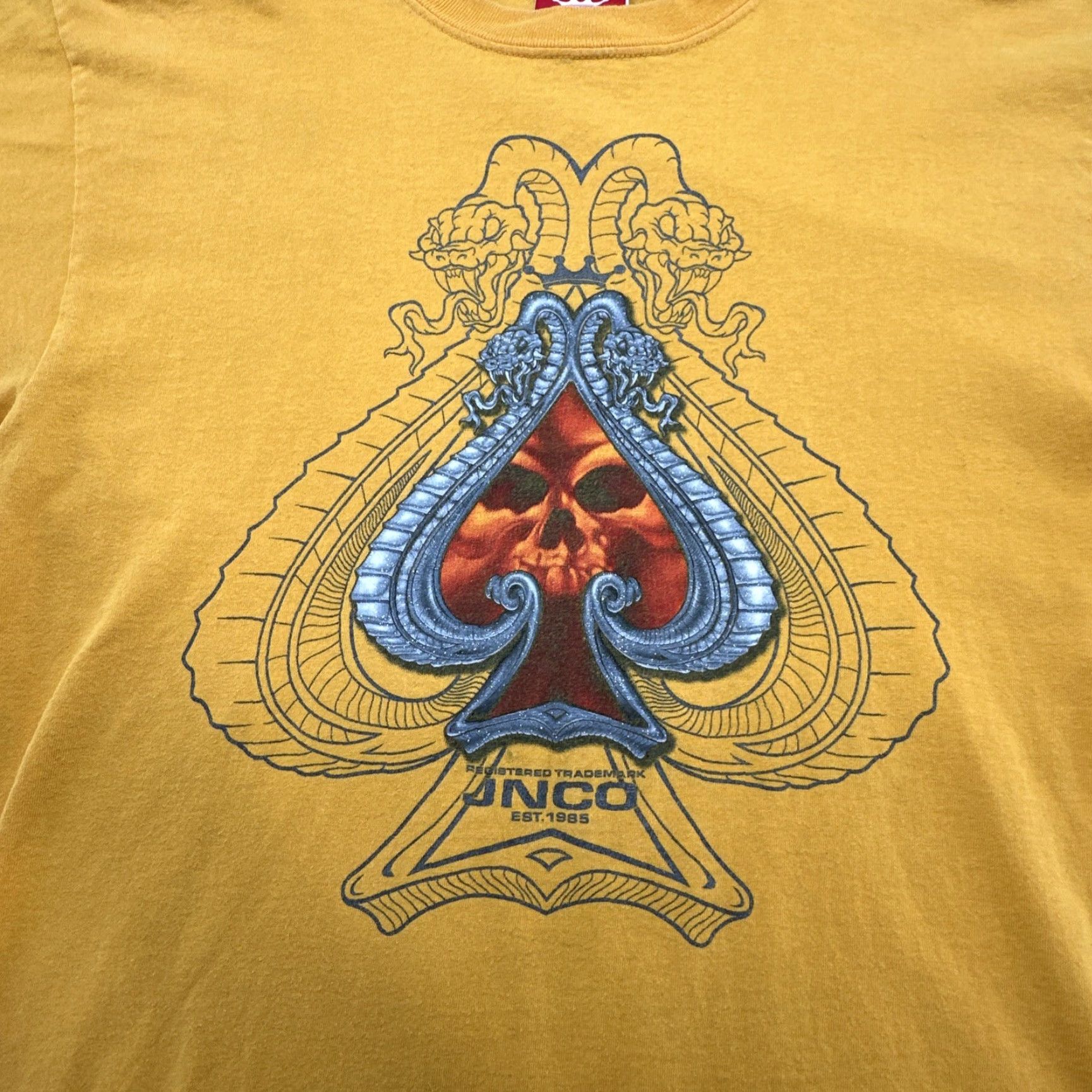 Vintage Vintage USA JNCO Shirt Men's Large Yellow Short Sleeve Spade Snakes Skull Double sided Size US 33 - 2 Thumbnail
