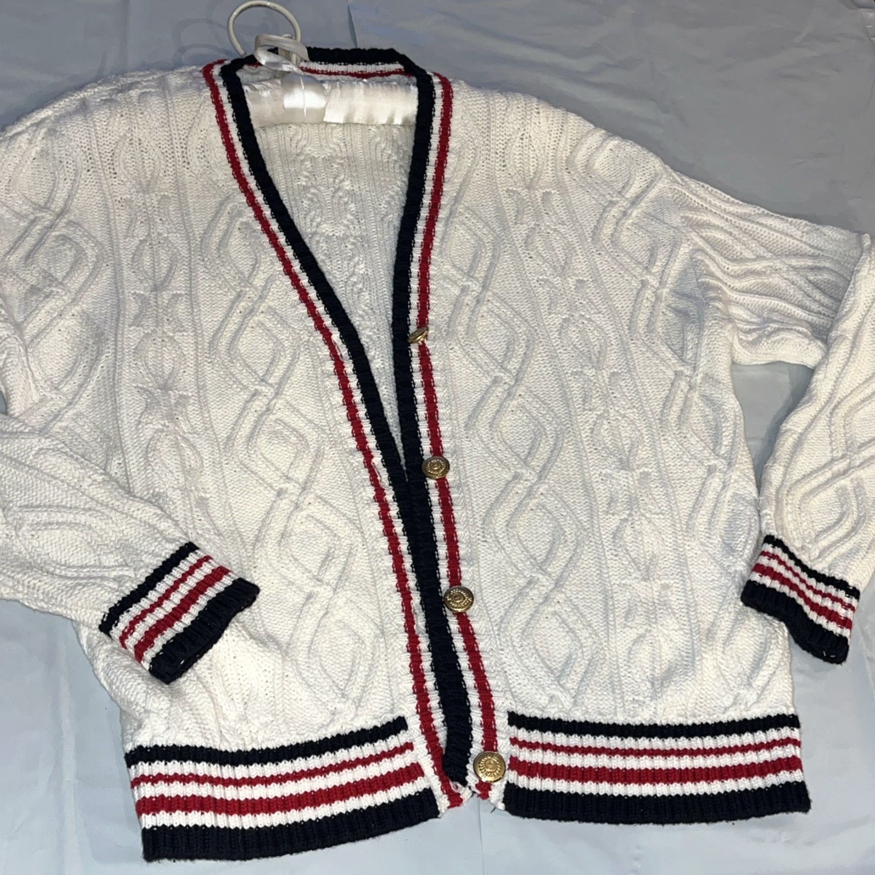 Vintage VINTAGE Lizsport Cardigan 90s KnIT Cable-V-Neck WhiteStripe Blue Red Gold Buttons Women Ps Petite Size S / US 4 / IT 40 - 4 Thumbnail