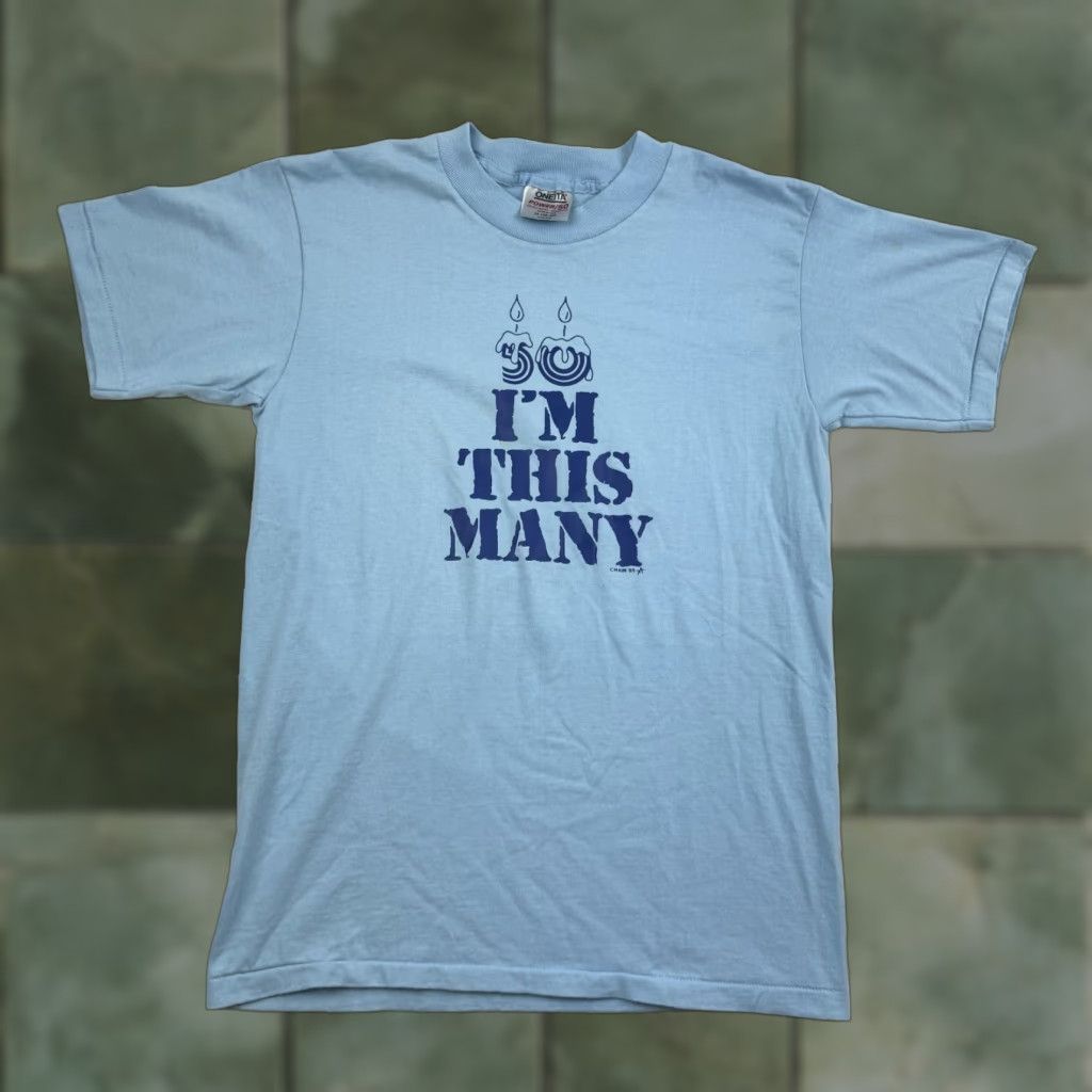 Vintage VINTAGE Oneita T-Shirt Blue 80s Funny Crew Neck Adult Medium Men - 50 Years Old, Short Sleeve, Graphic Tee Size US M / EU 48-50 / 2 - 1 Thumbnail