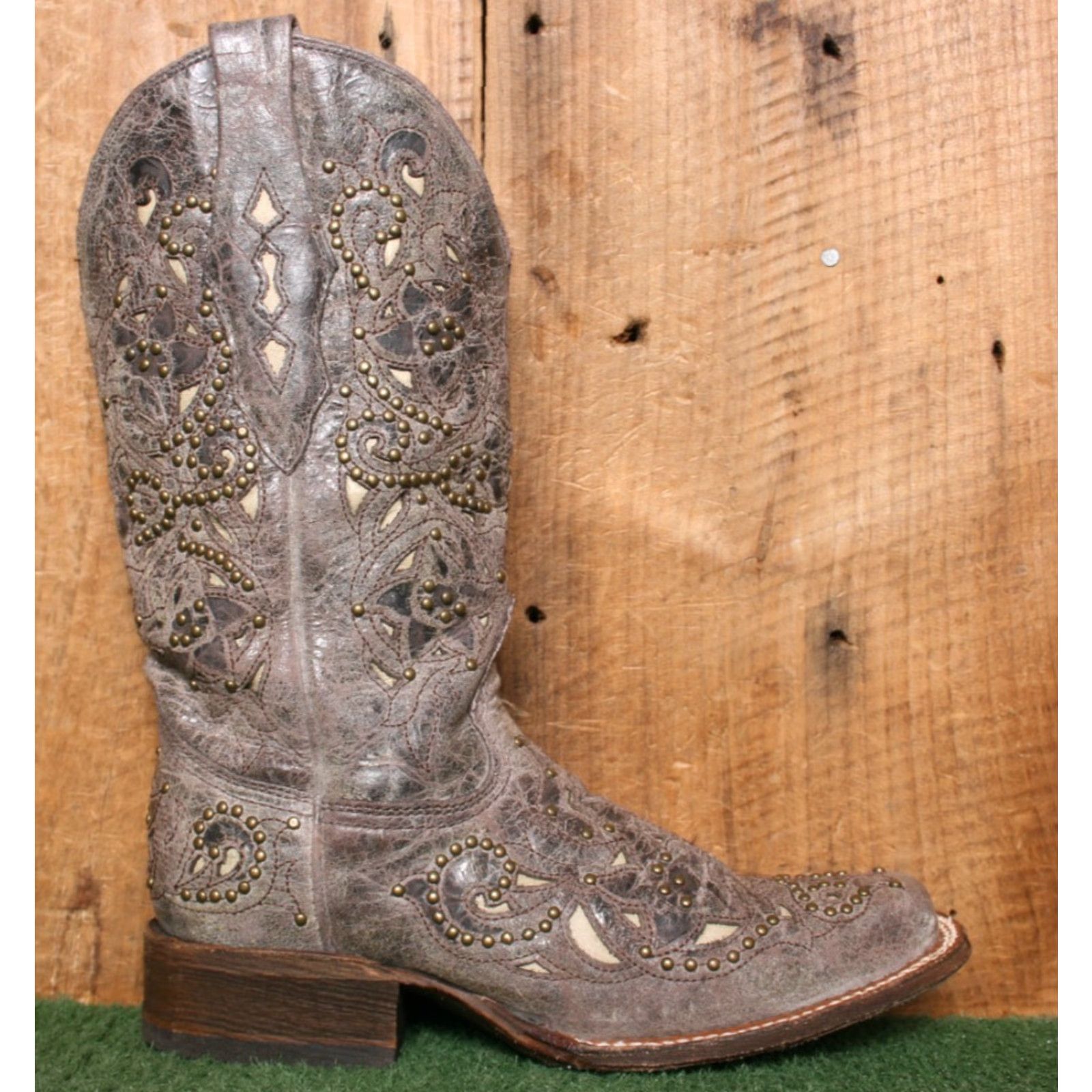 Vintage CORRAL 'Jessica' Brown Studded Inlay Leather Western Boots Sz. 6.5 M Women Cowgirl Boots Size US 7 / IT 37 - 2 Thumbnail