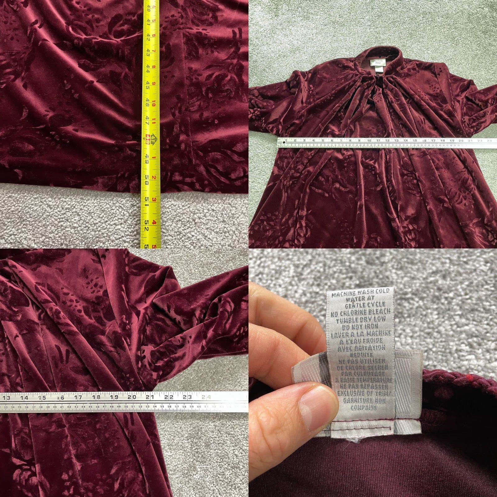 Vintage Jasmine Rose Long Velvet Shift Dress Women Small Maroon Long Sleeve Pleated Neck Floral Size S / US 4 / IT 40 - 8 Thumbnail