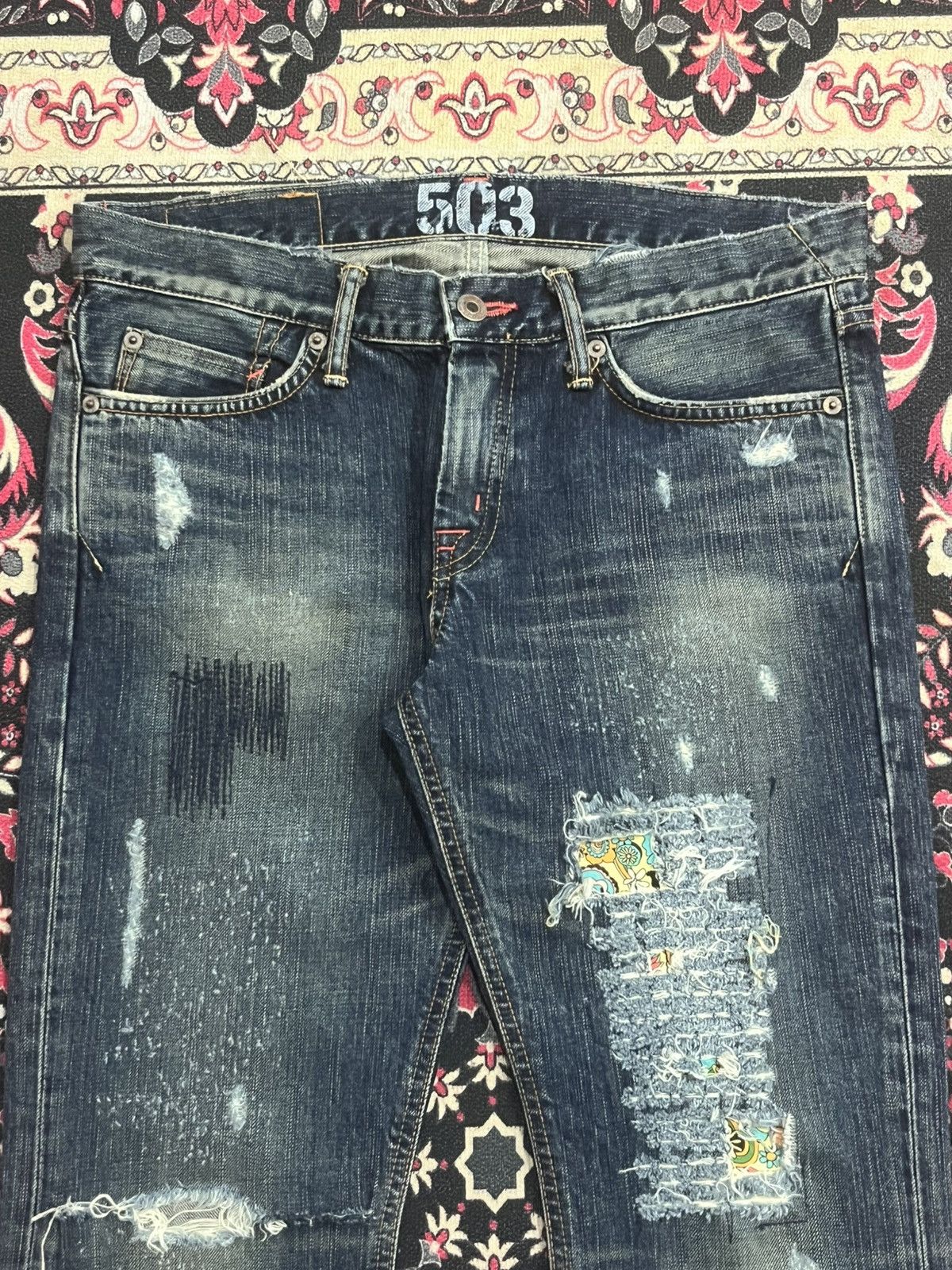 Tornado Mart Vintage Japan Edwin Miss 503 Dark Blue Distressed Flare Jean Size 31" - 4 Thumbnail