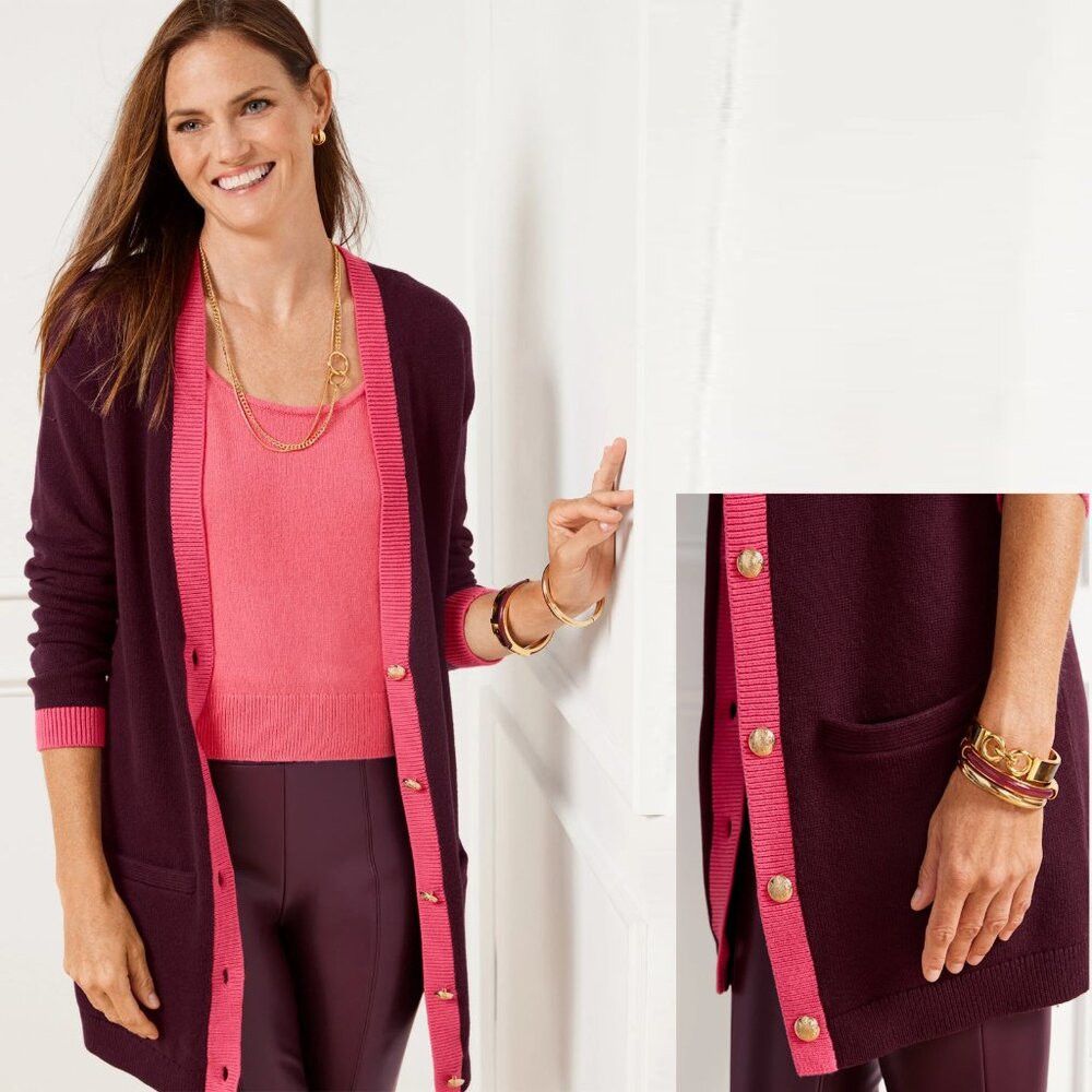 Talbots New Talbots V-Neck Tipped Cotton Burgundy Cardigan Size L Size L / US 10 / IT 46 - 2 Thumbnail