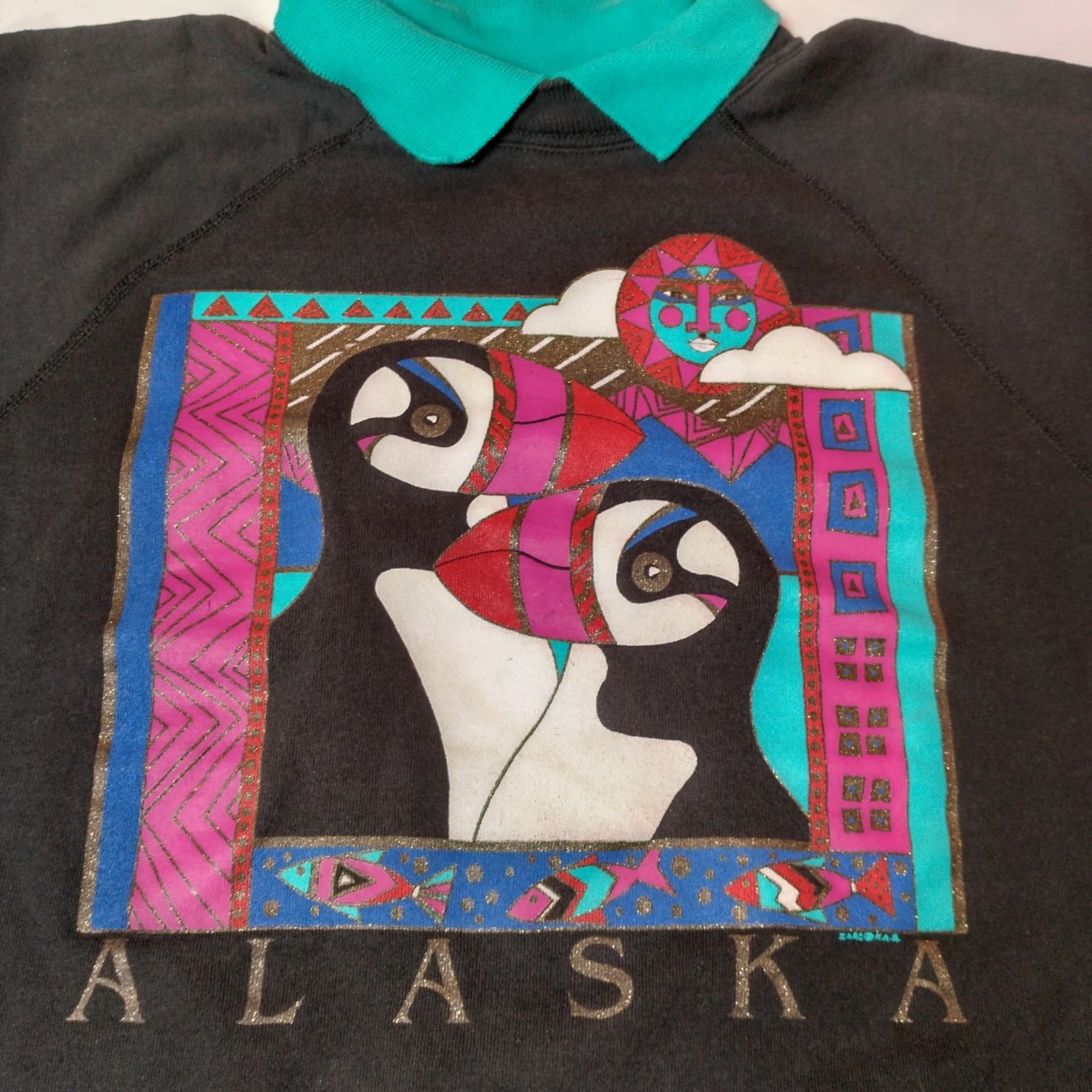 Hanes Vintage Hanes 1990s Alaska Penguins Sweatshirt Women Large Black Knit Pullover Collared Glitter Activewear Size L / US 10 / IT 46 - 3 Thumbnail