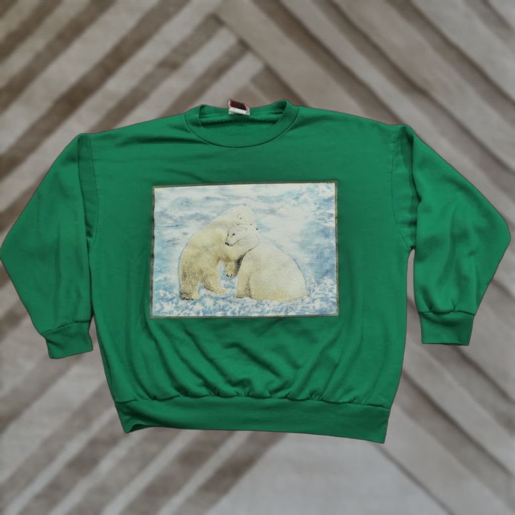 Vintage VINTAGE Polar Bear Sweatshirt Womens XL Green Pullover 90s Winter Casual Raglan Crew Neck Cotton Blend Size XL / US 12-14 / IT 48-50 - 1 Thumbnail