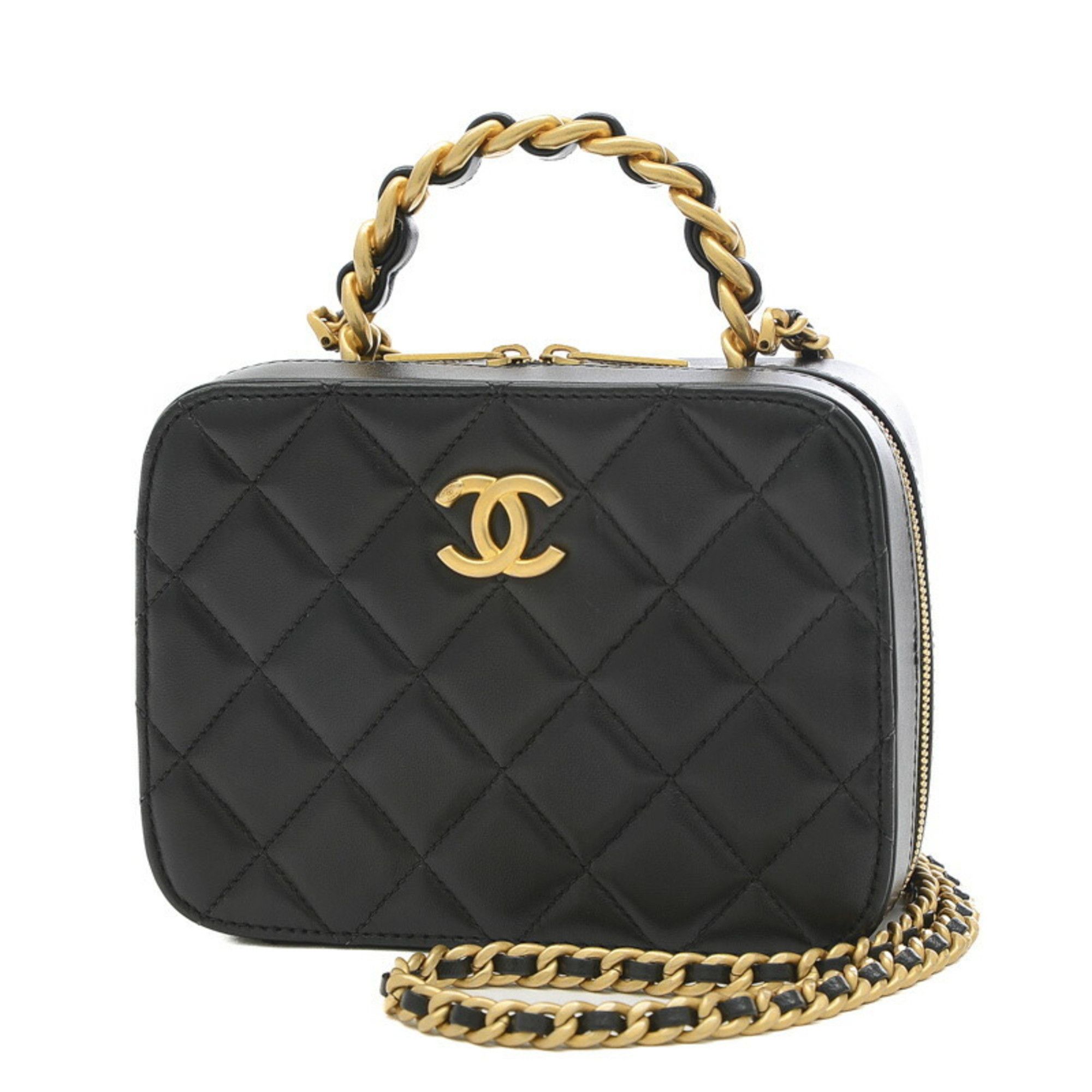 image of Chanel Matelasse Vanity Chain Shoulder Bag Black Gold Hardware As3318, Women's