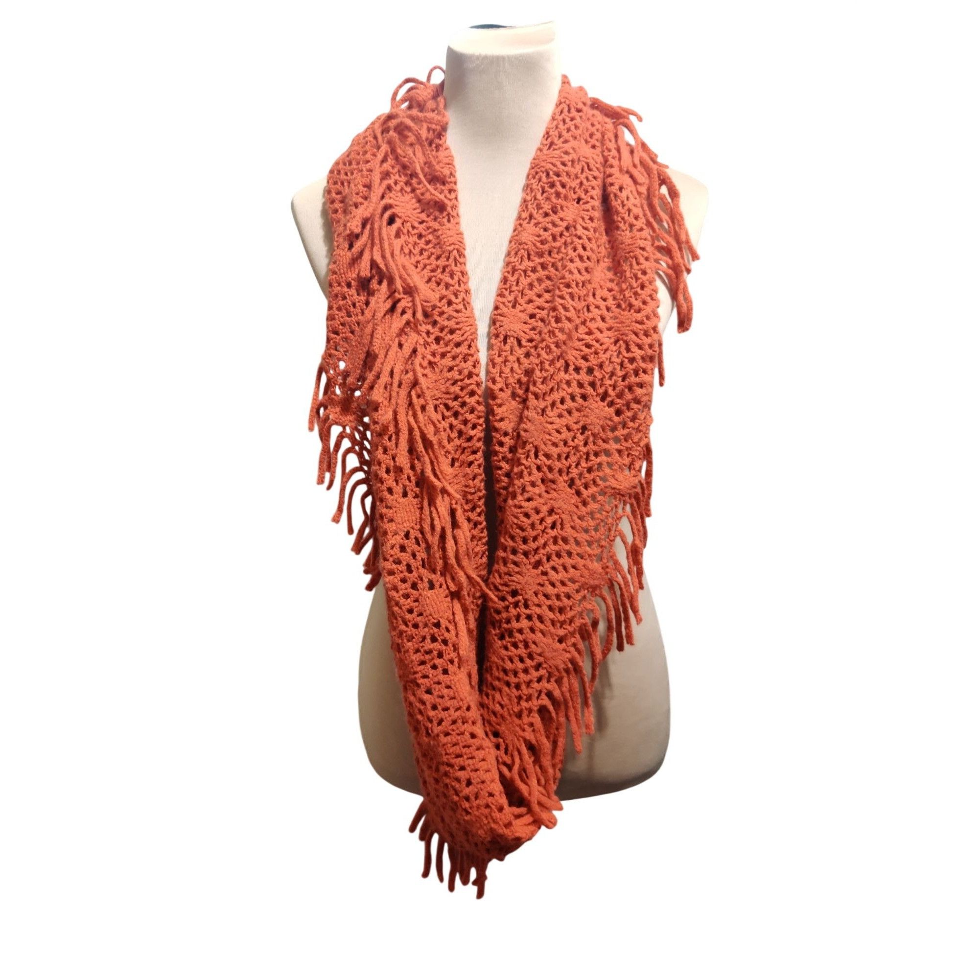Other Rust Crochet Infinity Scarf Open Weave Fringe Loop Boho Dese Size ONE SIZE - 10 Thumbnail