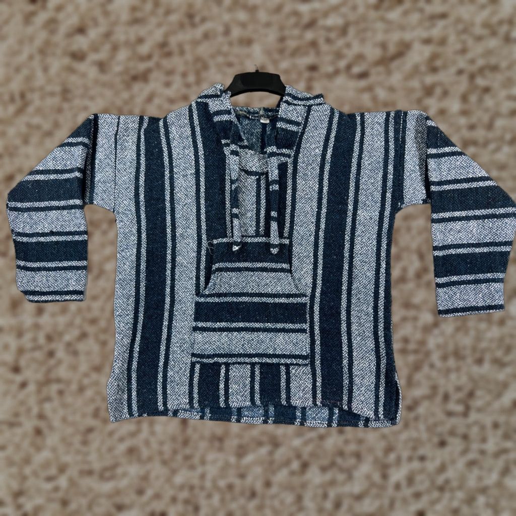 Vintage Baja Hoodie Men XL Blue Stripe Pocket Sweater Drug Rug Poncho Mexico Hooded Pullover All Seasons Casual Cardi B Size US XL / EU 56 / 4 - 1 Thumbnail