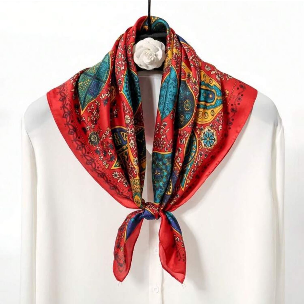 Other ✨New Elegant Bandana Square Scarf Silky Satin Red Floral Lea Size ONE SIZE - 4 Thumbnail