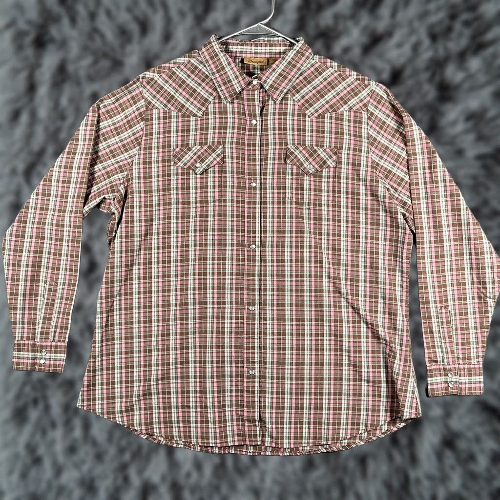 Wrangler VINTAGE Wrangler Shirt Womens 2XL Brown Pink Plaid Western Pearl Snap Long Sleeve Cowboy Size XXL / US 16-18 / IT 52-54 - 1 Thumbnail