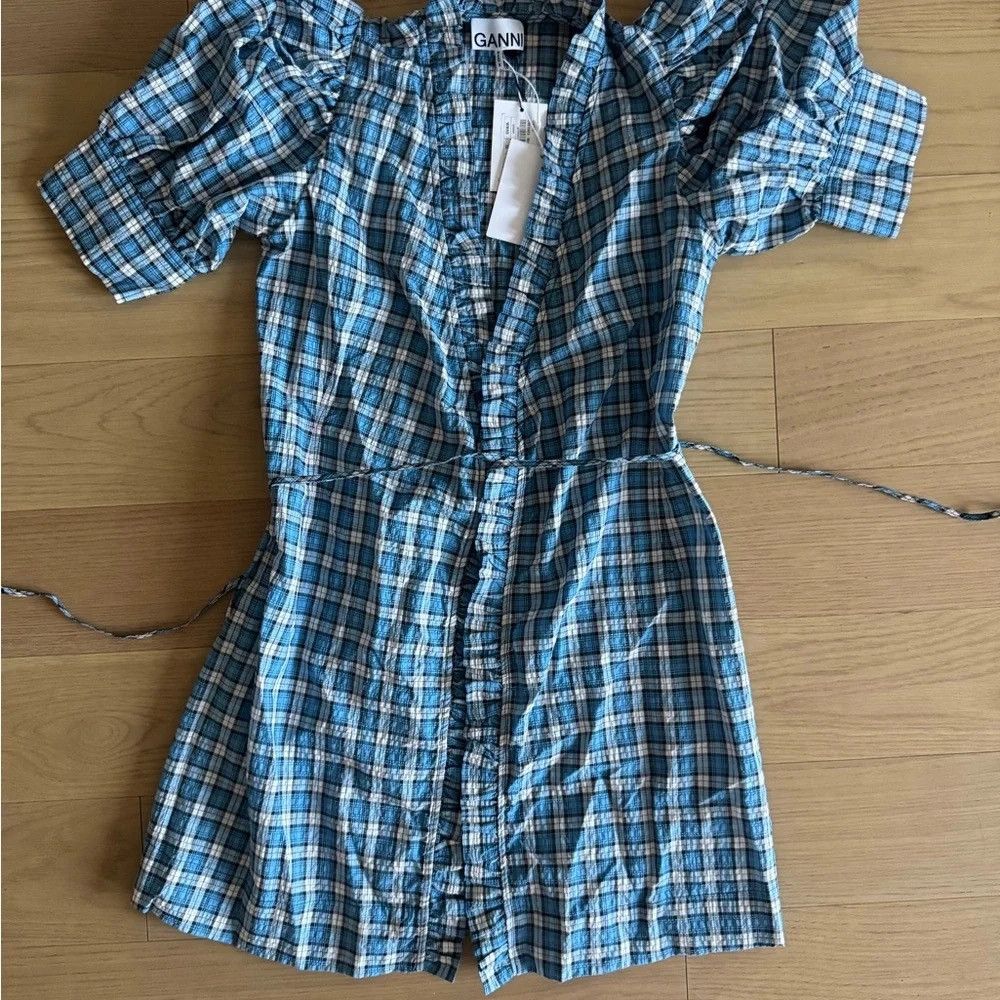 Ganni Ganni Seersucker Check Wrap Mini Dress Azure Blue XS NWT Size XS / US 0-2 / IT 36-38 - 6 Thumbnail