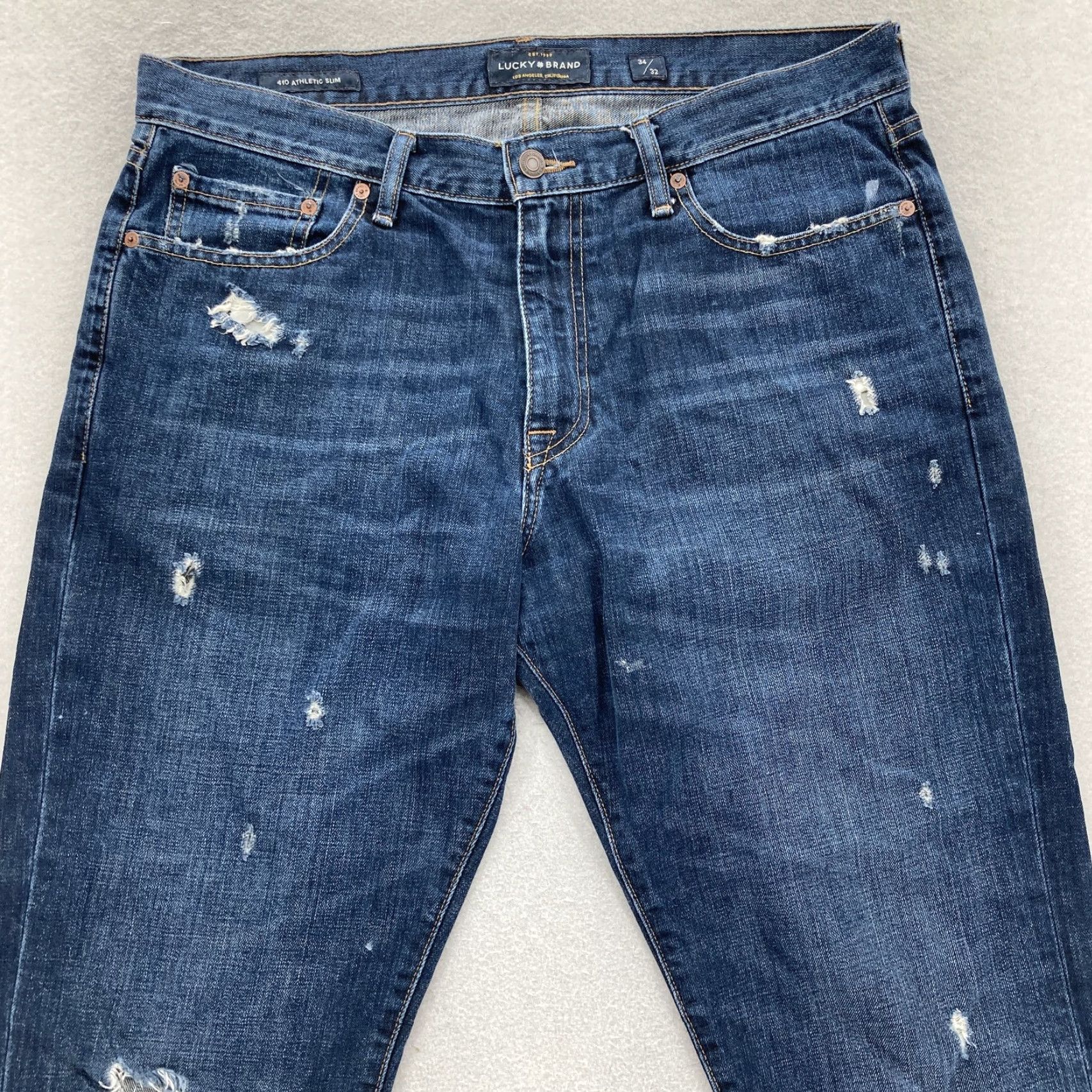 Lucky Brand Lucky Brand Jeans Mens 34x32 410 Athletic Slim Dark Wash Blue Distressed Denim Jeans Size US 34 / EU 50 - 2 Thumbnail