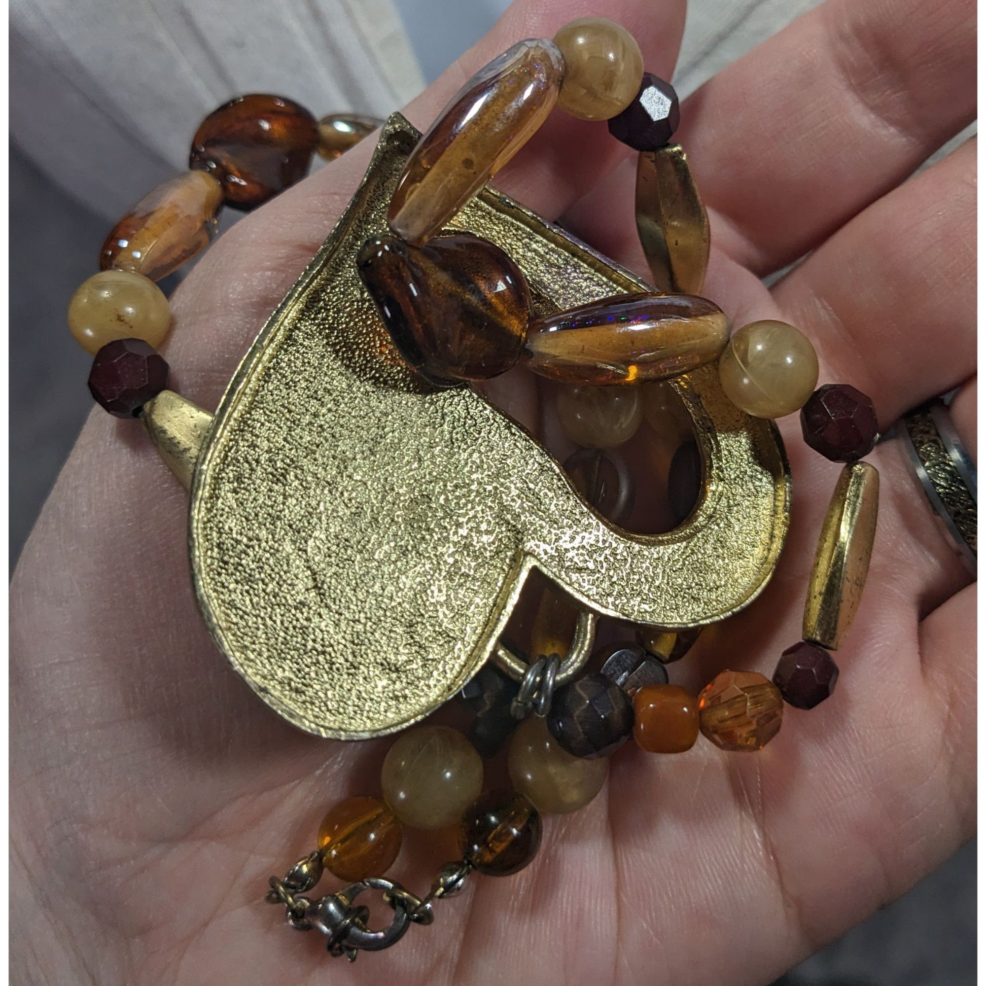 Other Chunky Unique Heart Pendant Necklace Brown And Gold Tone Wit Size ONE SIZE - 9 Thumbnail