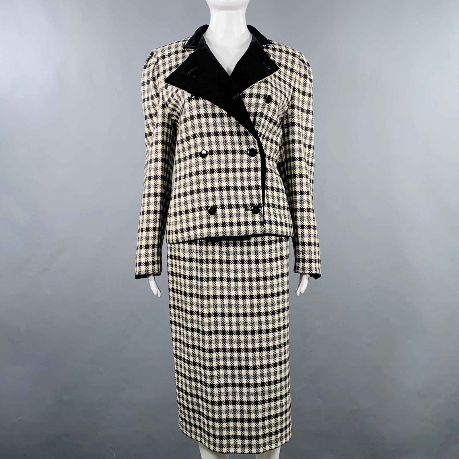 Louis Feraud 8 Black Cream Wool Houndstooth Double Breasted Skirt Set Size 30" / US 8 / IT 44 - 2 Thumbnail