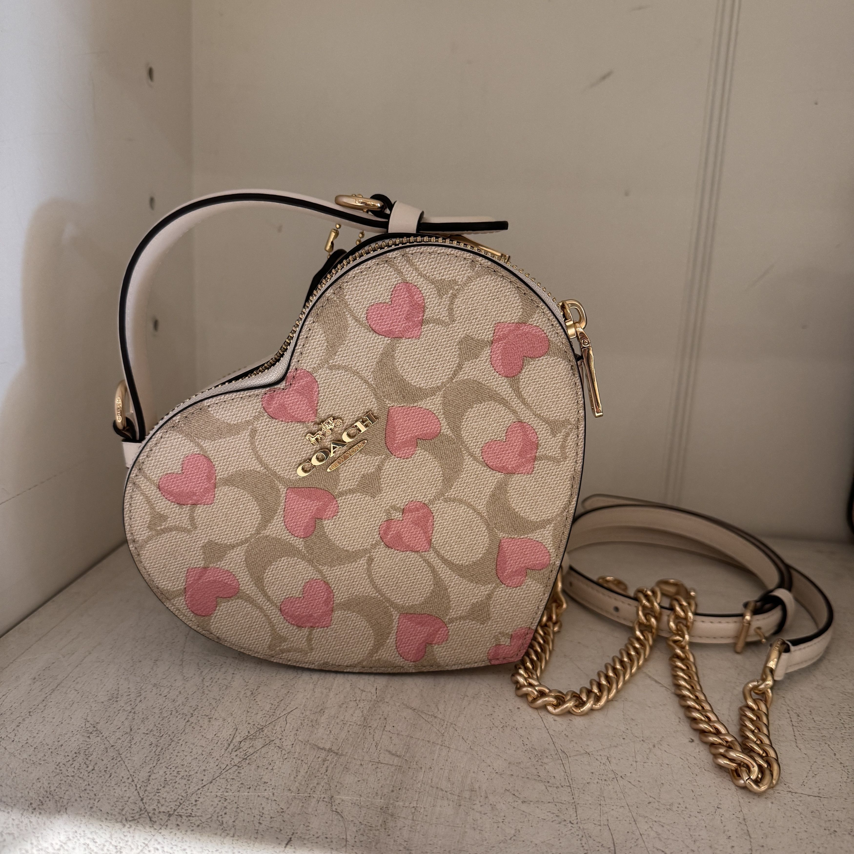 image of Coach Heart Crossbody In Signature Canvas With Heart Print in Gold, Women's