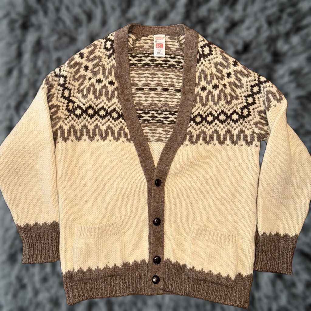 Vintage VINTAGE St Michael Cardigan Pure New Wool Mens Large Size L Fair Isle Ivory UK Jumper Cardigan with Pockets Size US L / EU 52-54 / 3 - 1 Thumbnail