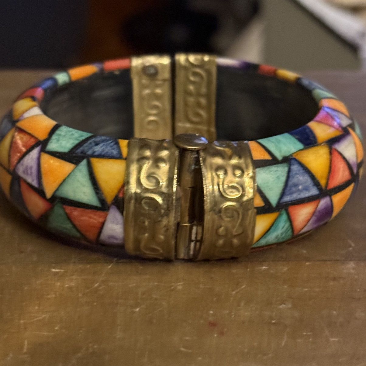 Vintage Vintage Pier 1 mosaic horn/bone hinged bangle bracelet Size ONE SIZE - 6 Thumbnail