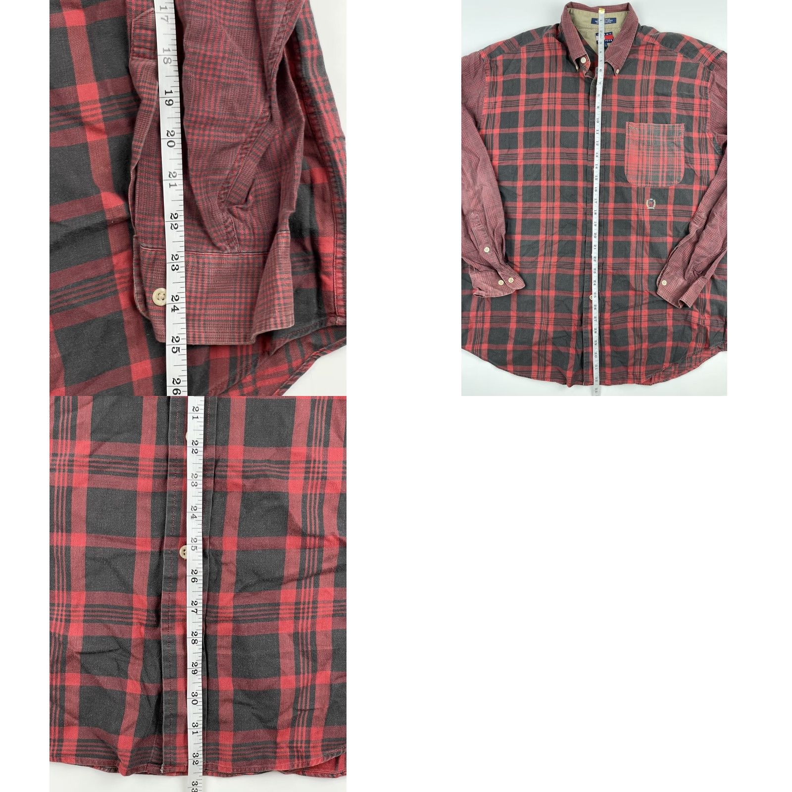 Tommy Hilfiger VINTAGE Tommy Hilfiger Shirt Red Plaid Long Sleeve Button-Down Sz L Adult Large Red, Cotton, 90s, Preppy, Lion Crest, Logo, Pocketed Mens Shirt Size 42R - 8 Thumbnail